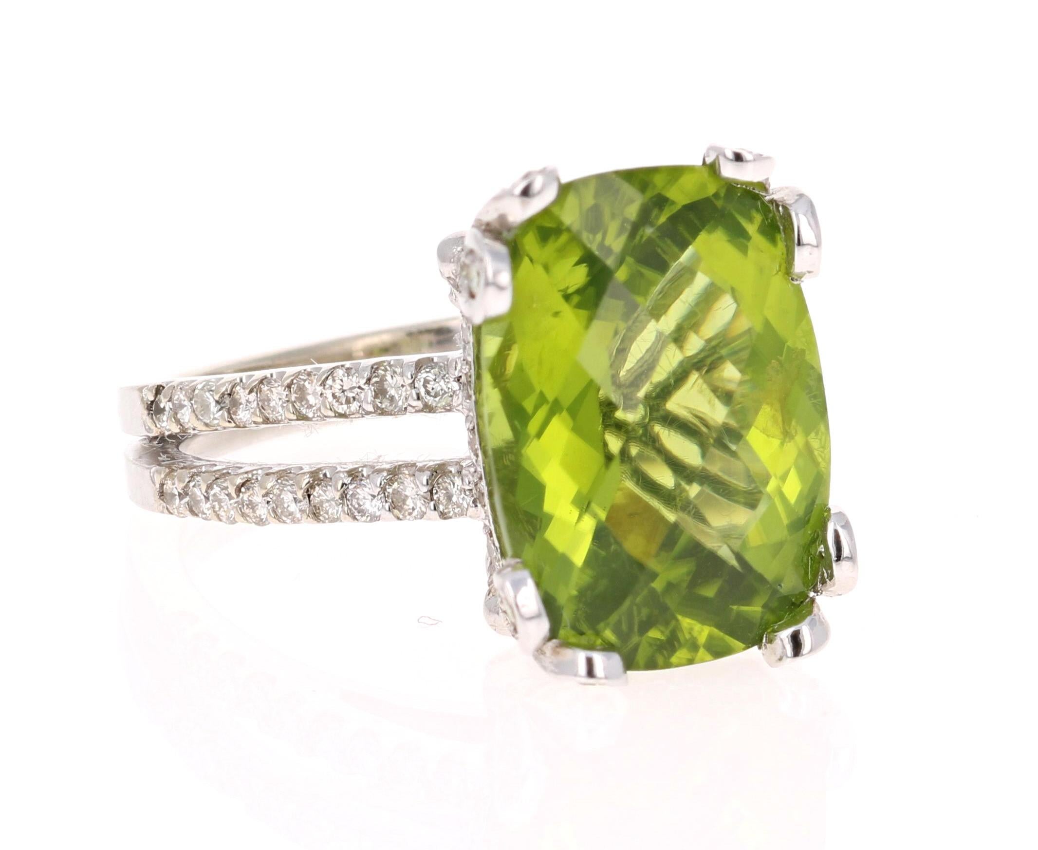 Bright, Beautiful and Bling! 

This Peridot and Diamond Ring has a 7.84 Carat Cushion Oval Cut Peridot and has 88 Round Cut Diamonds that weigh 0.82 Carats on the shank and prongs of the ring. The total carat weight of the ring is 8.66 Carats. 

It