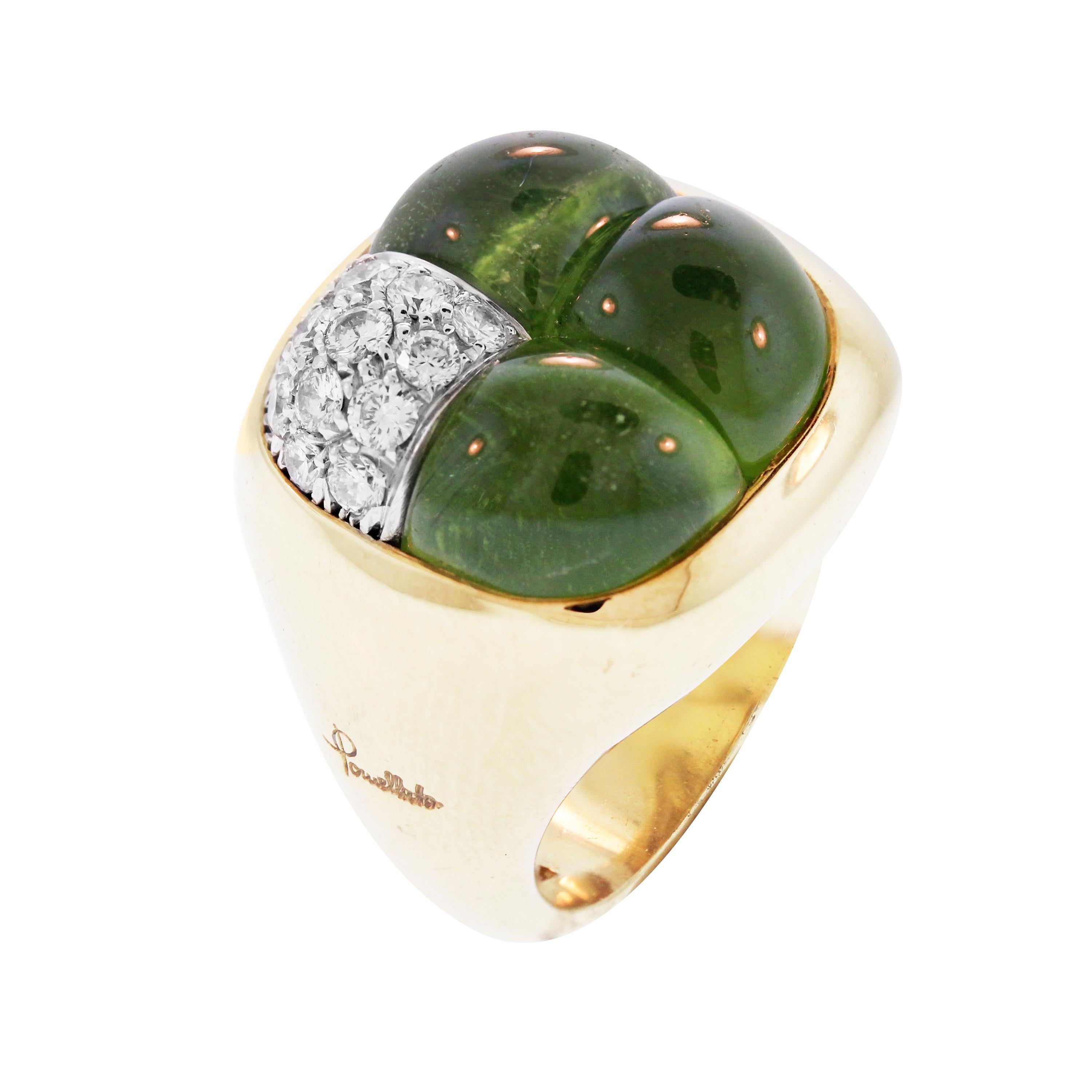 IF YOU ARE REALLY INTERESTED, CONTACT US WITH ANY REASONABLE OFFER. WE WILL TRY OUR BEST TO MAKE YOU HAPPY!

18K Yellow Gold and Diamond Ring with Three Special-cut Peridot by Pomellato

0.50 carat G color, VS clarity diamonds

Face of the ring
