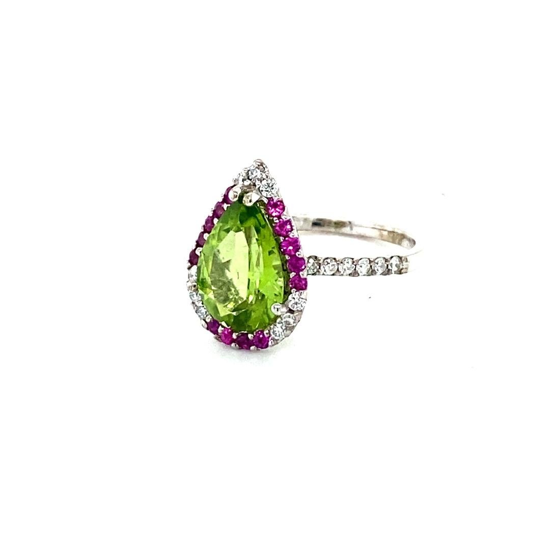 Pear Cut Peridot Diamond and Pink Sapphire White Gold Cocktail Ring For Sale