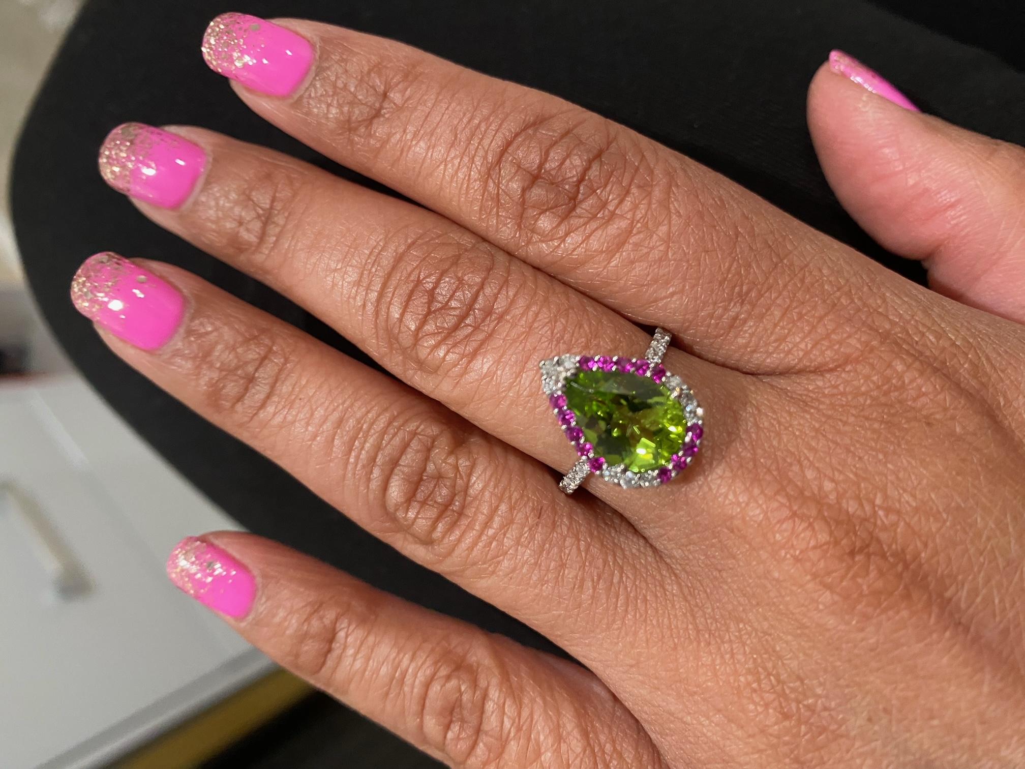 Women's Peridot Diamond and Pink Sapphire White Gold Cocktail Ring For Sale