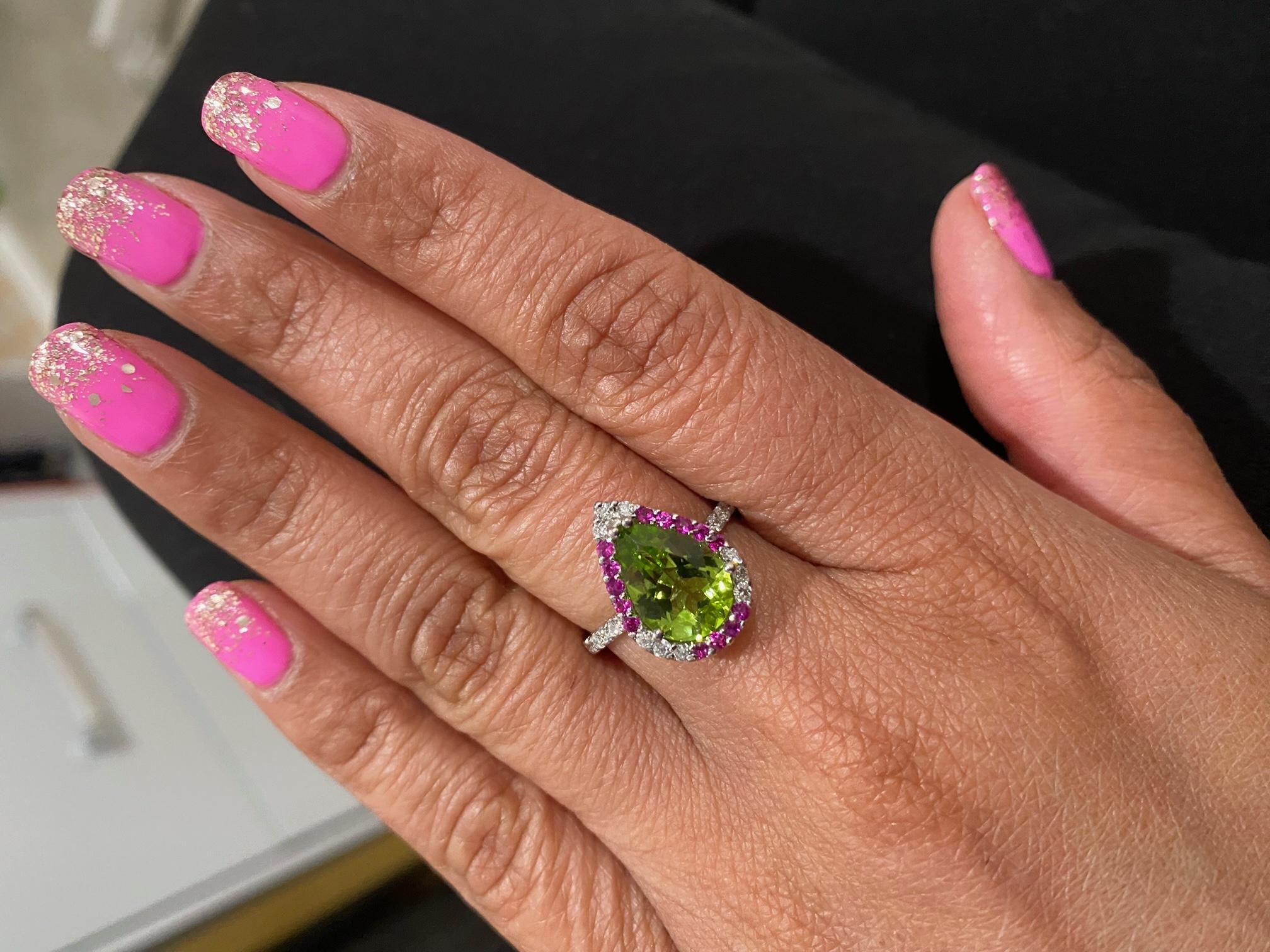 Peridot Diamond and Pink Sapphire White Gold Cocktail Ring For Sale 1