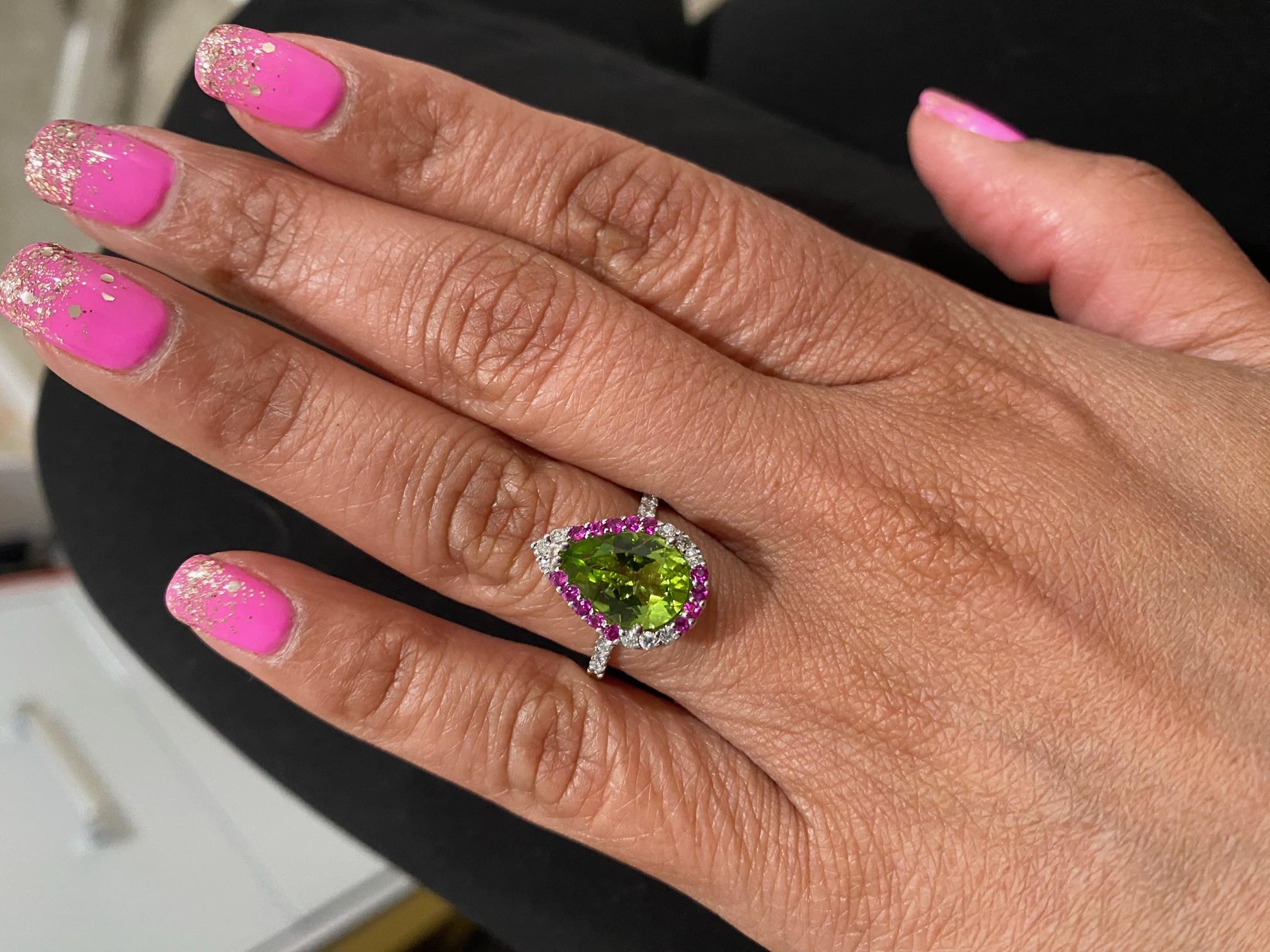 Peridot Diamond and Pink Sapphire White Gold Cocktail Ring For Sale 2