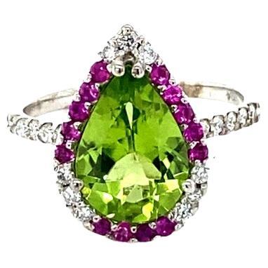 Peridot Diamond and Pink Sapphire White Gold Cocktail Ring For Sale