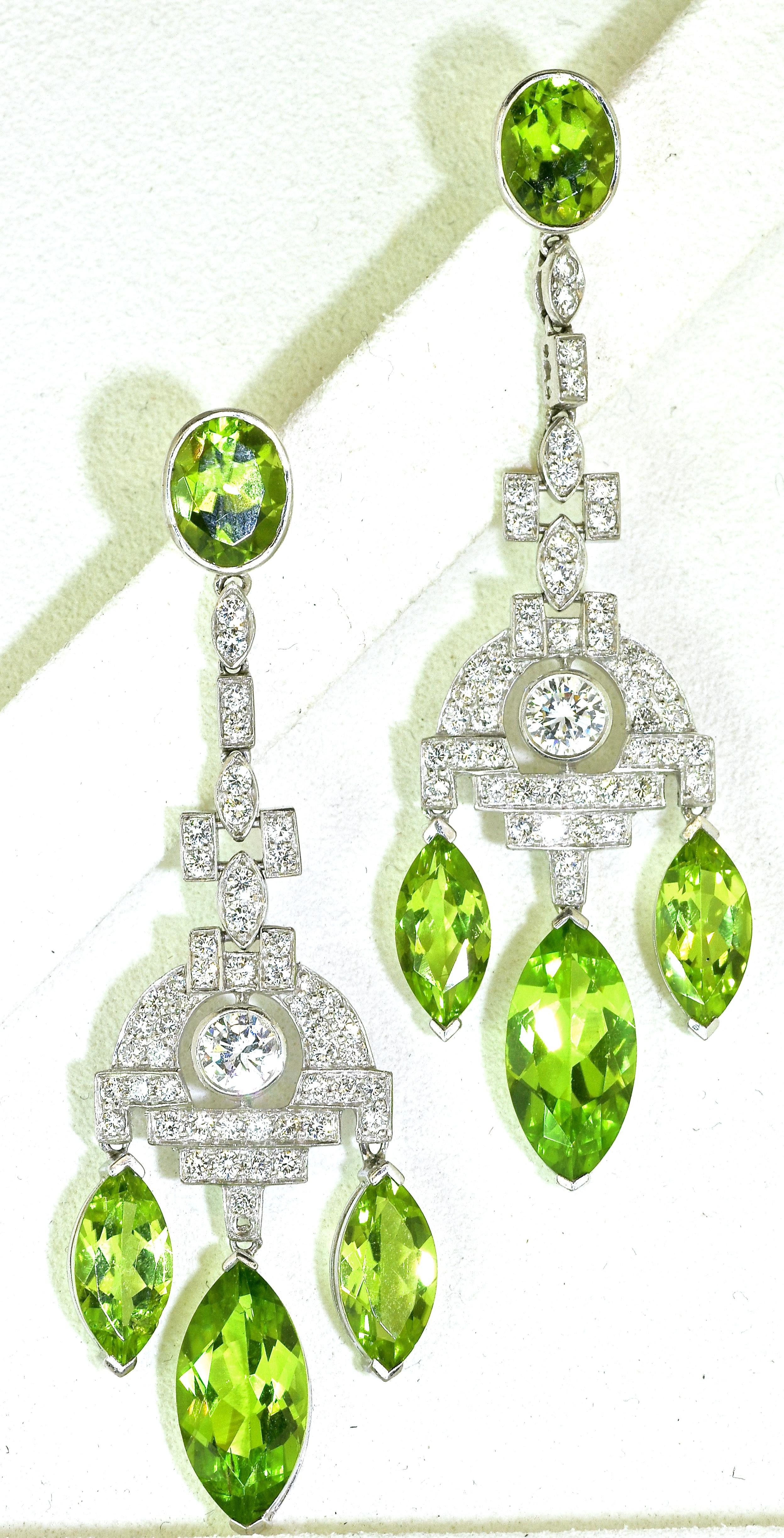 Contemporary Peridot, Diamond and Platinum Pendant Earrings