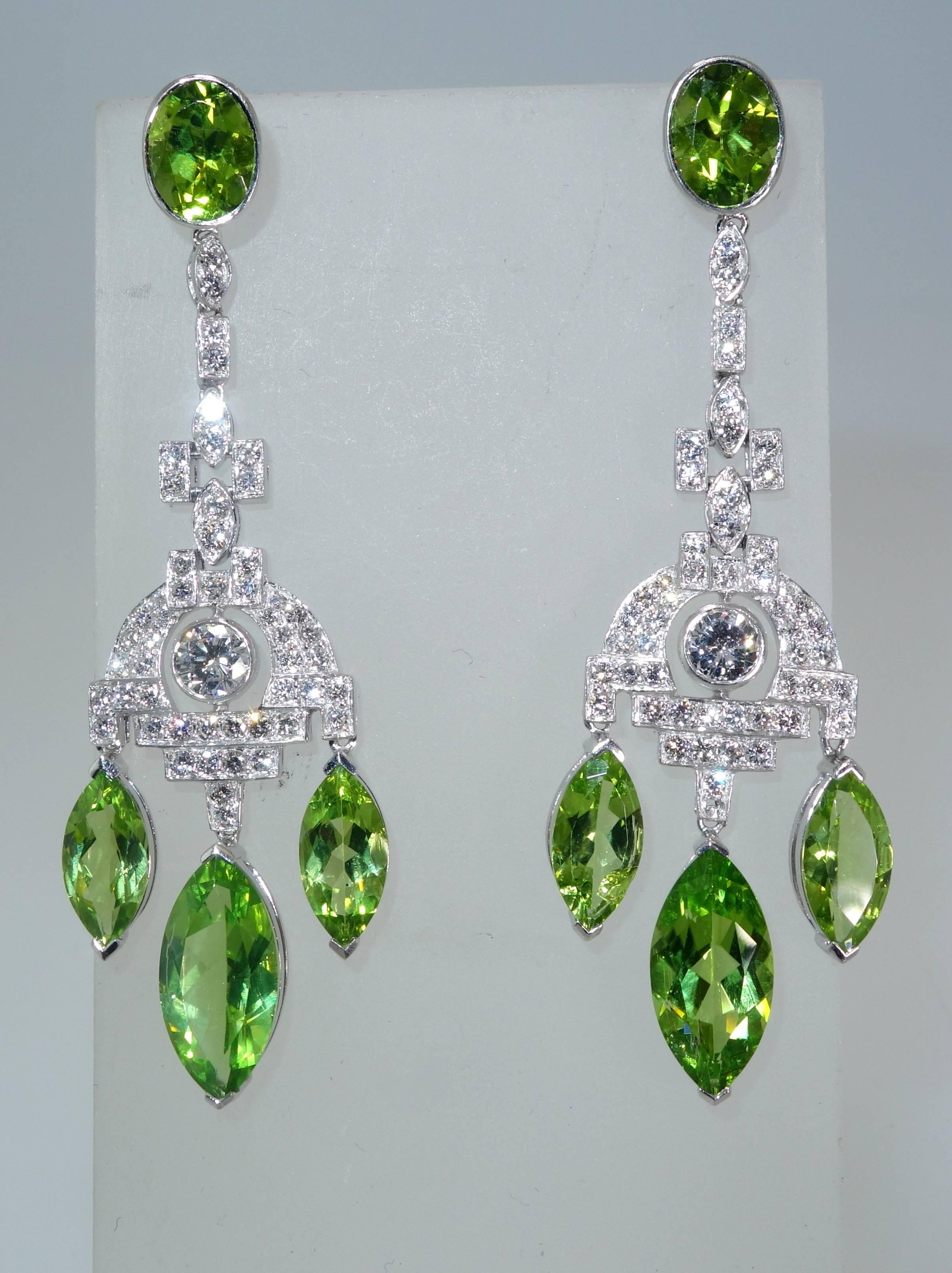 Peridot, Diamond and Platinum Pendant Earrings In Excellent Condition In Aspen, CO
