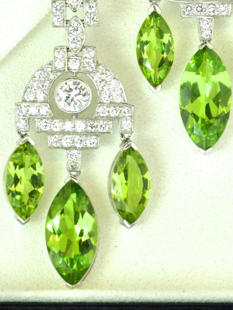 Peridot, Diamond and Platinum Pendant Earrings For Sale 1
