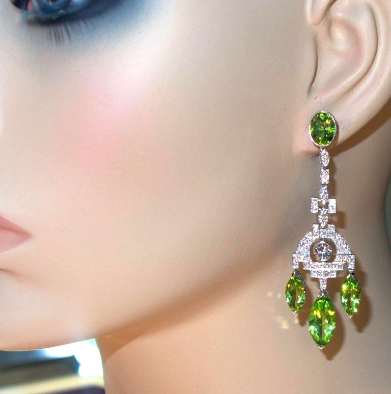 Peridot, Diamond and Platinum Pendant Earrings For Sale 2