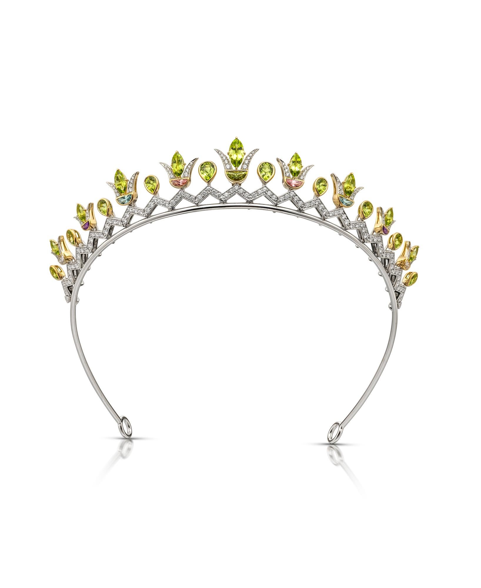 Egyptian Revival Peridot, Diamond, Aquamarine, Amethyst & Tourmaline Convertible Tiara/Necklace For Sale