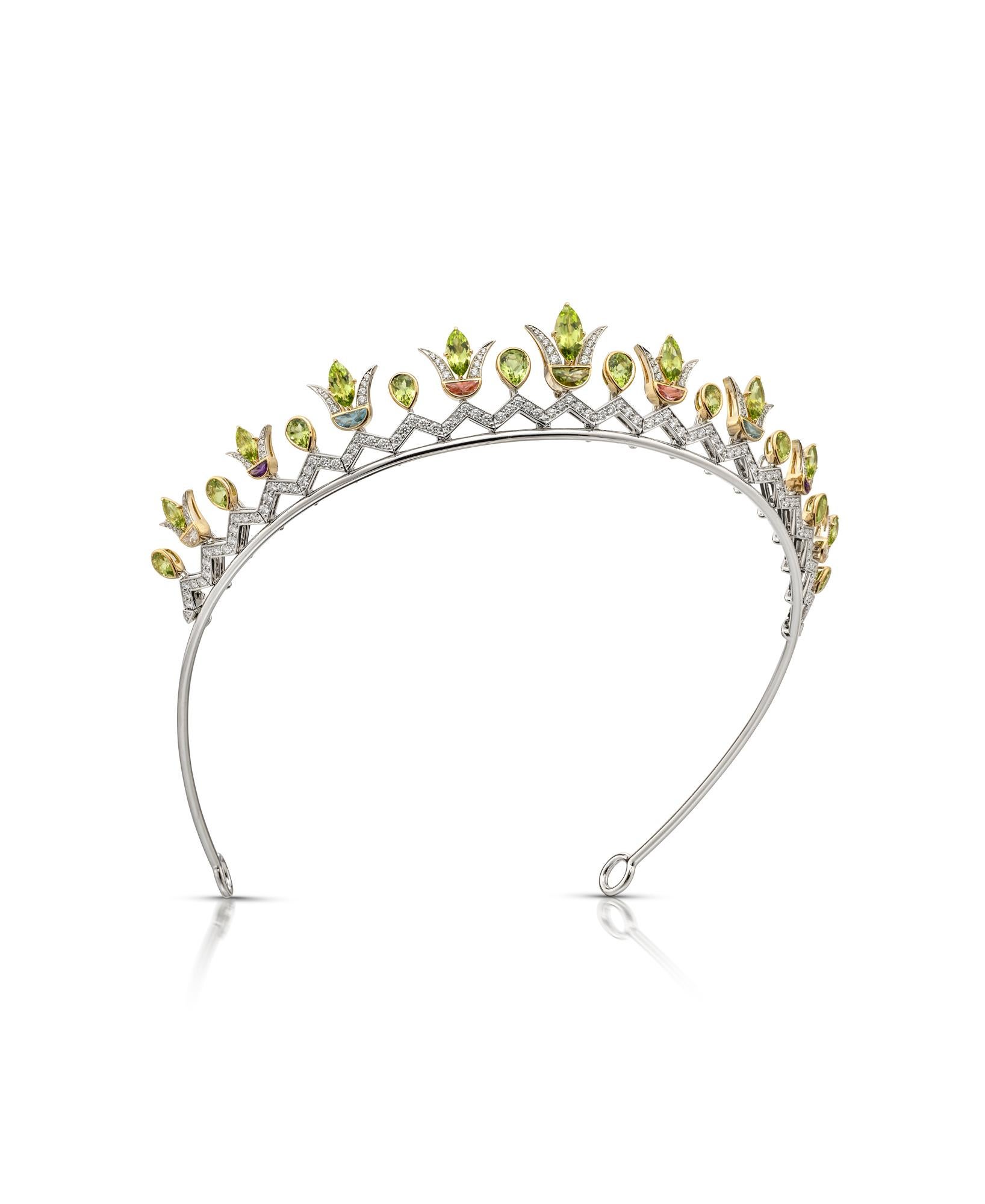 Marquise Cut Peridot, Diamond, Aquamarine, Amethyst & Tourmaline Convertible Tiara/Necklace For Sale