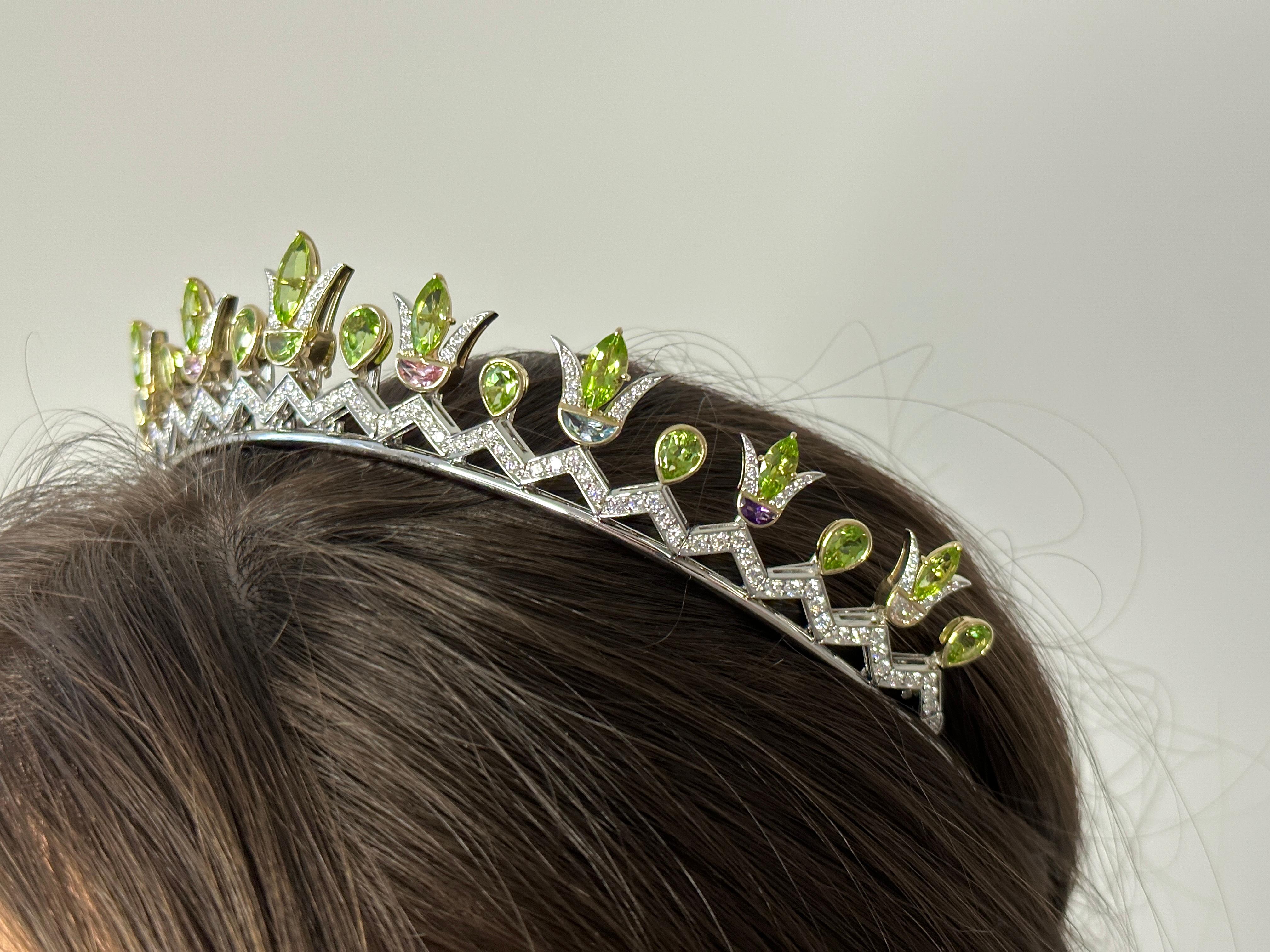 Women's Peridot, Diamond, Aquamarine, Amethyst & Tourmaline Convertible Tiara/Necklace For Sale