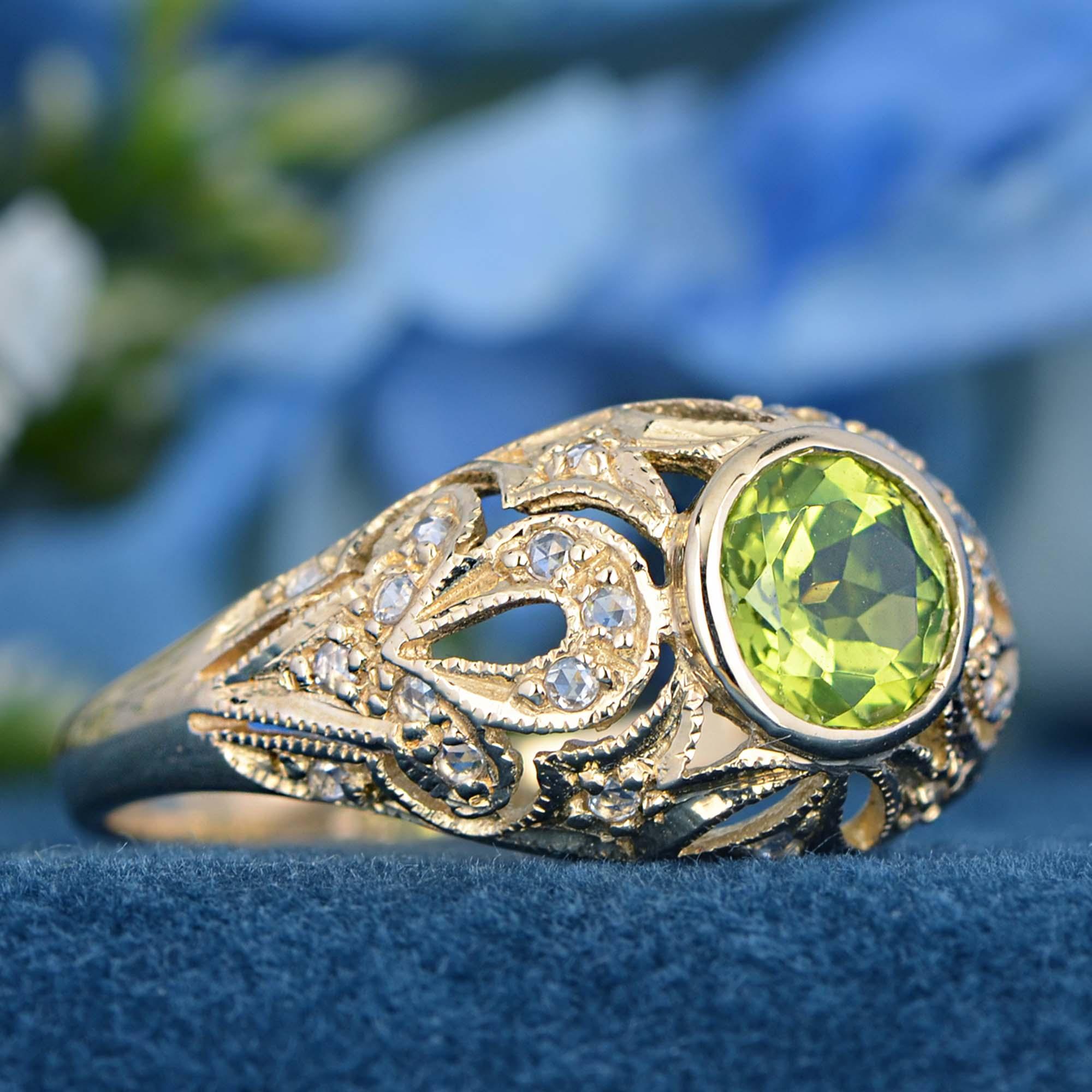 Taille ronde Bague dôme en or jaune 9K à péridot et diamant de style Art déco en vente