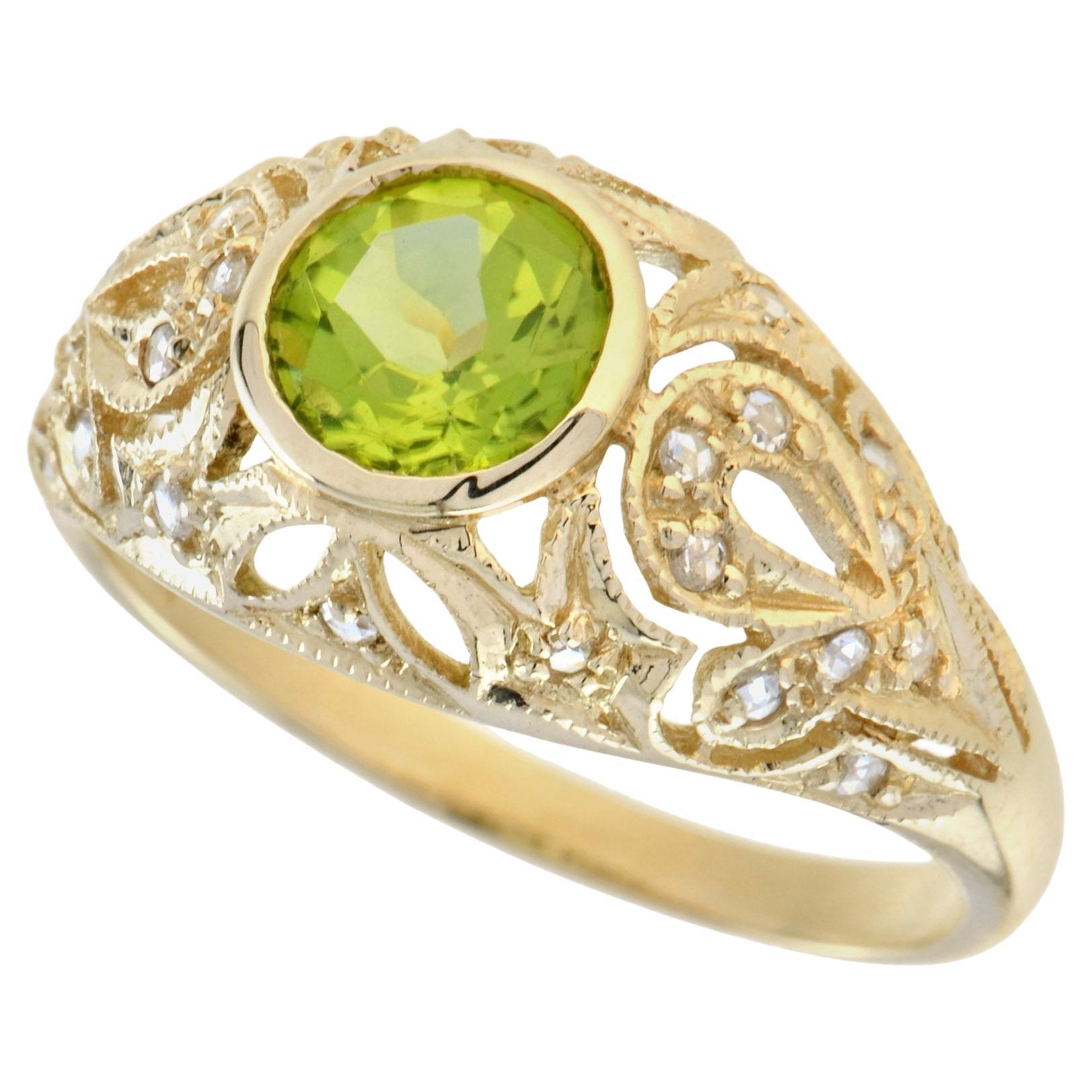 Peridot Diamond Art Deco Style Dome Ring in Solid 9K Yellow Gold
