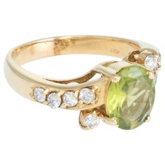 Peridot Diamond Cocktail Ring Vintage 14 Karat Yellow Gold Estate Fine Jewelry