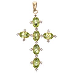 Peridot Diamond Cross Estate 14 Karat Yellow Gold Vintage Fine Religious Jewelry