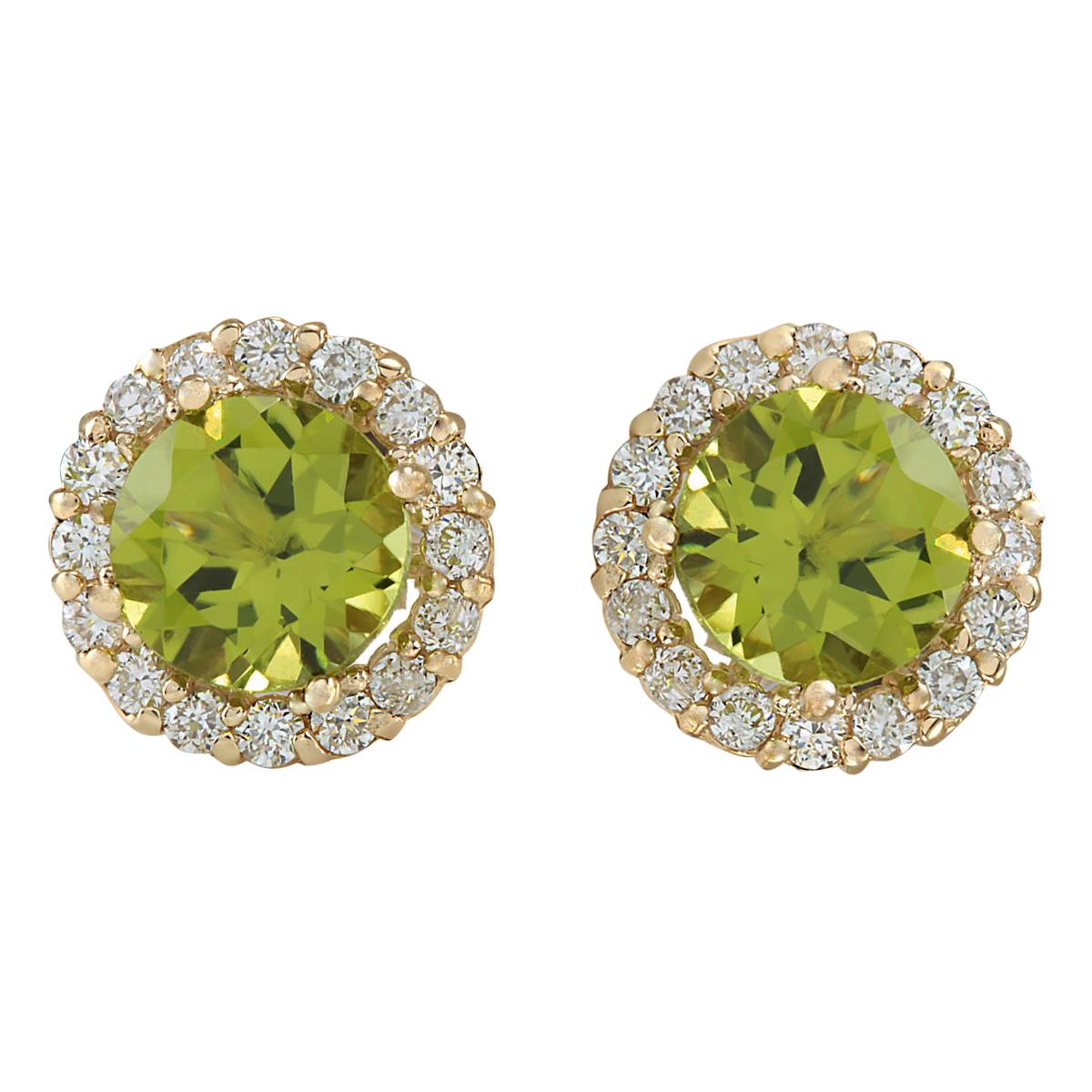 Round Cut Peridot Diamond Earrings In 14 Karat Yellow Gold For Sale