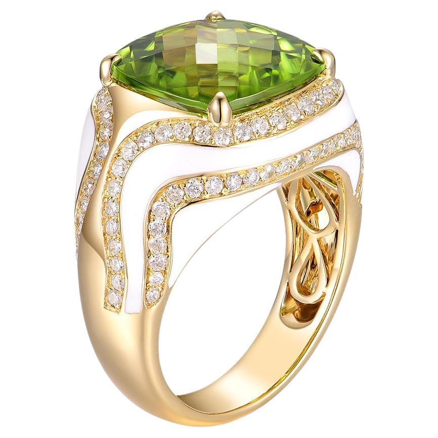 Dive into the realm of opulence with this spectacular Peridot Diamond Enamel Cocktail Ring, an epitome of elegance and grandeur. At the heart of this show-stopping piece sits a radiant square facet-cut peridot, weighing an impressive 6.93 carats.