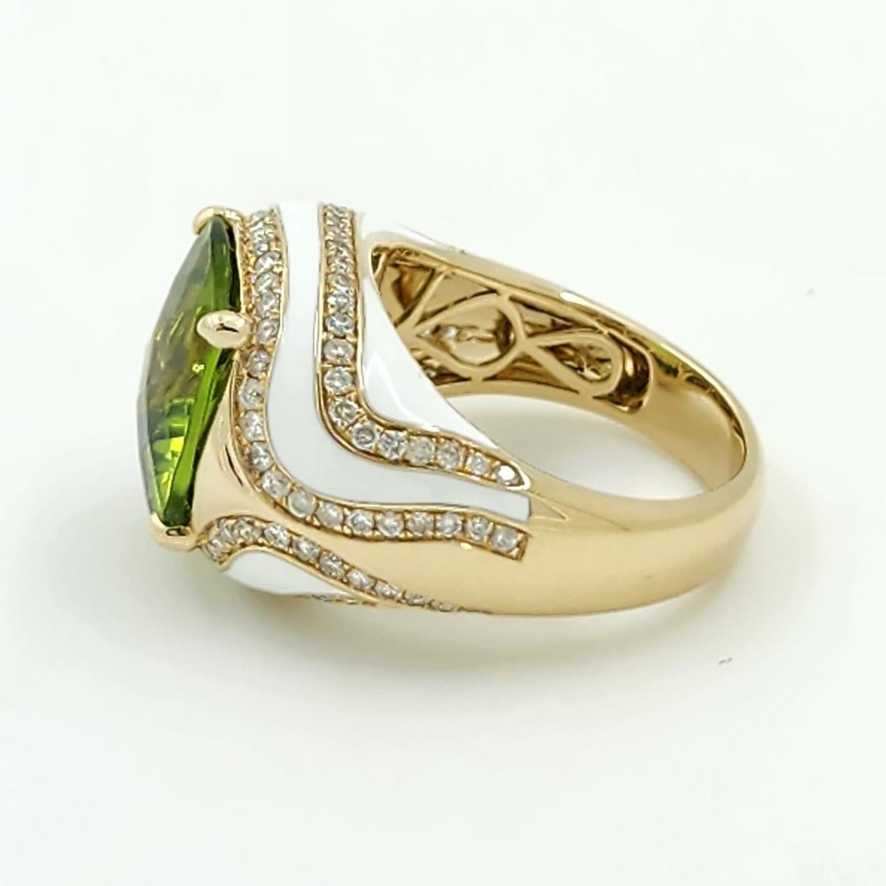 Contemporary Peridot Diamond Enamel Cocktail Ring in 14 Karat Yellow Gold For Sale