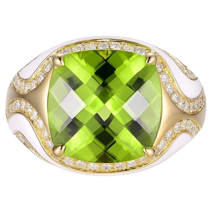 Peridot-Diamant-Emaille-Cocktailring aus 14 Karat Gelbgold