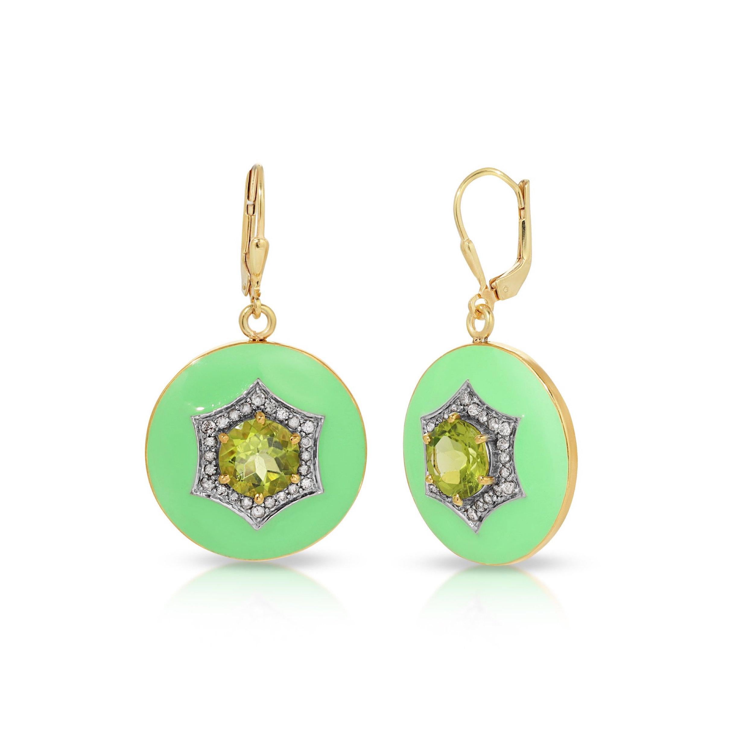 Gorgeous drop earrings of modern design with a mix of gemstones and enamel. These earrings feature round cut, vibrant Green Peridot encased in a hexagonal design of sparkling White Diamonds on a cirque design of glossy mint green enamel. These