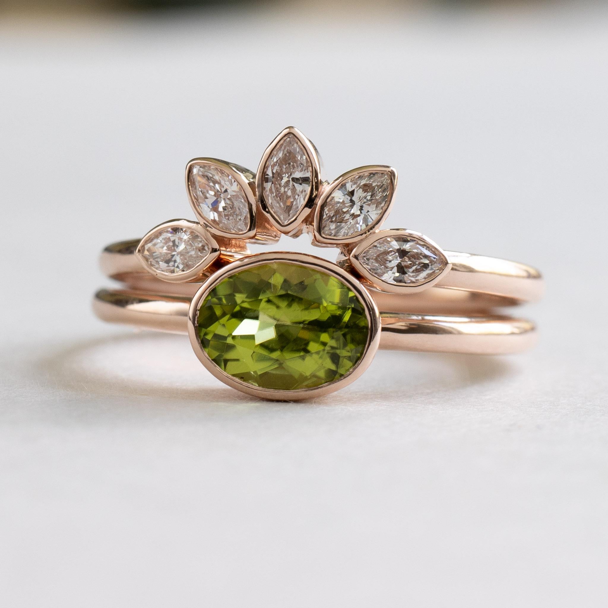 For Sale:  Peridot Diamond Engagement Set in 14 Karat Rose Gold Ring 3