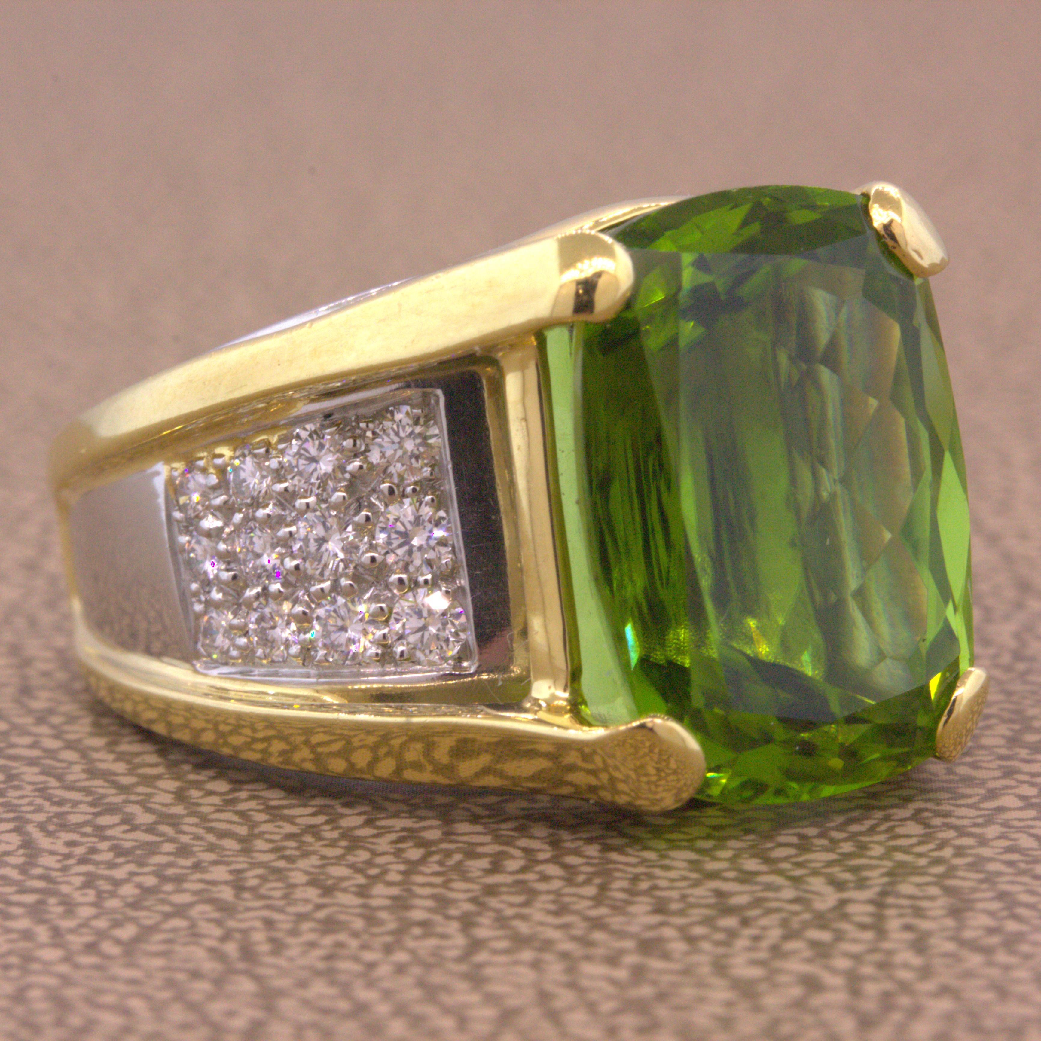 Cushion Cut Peridot Diamond Gold & Platinum Two-Tone Cocktail Ring For Sale