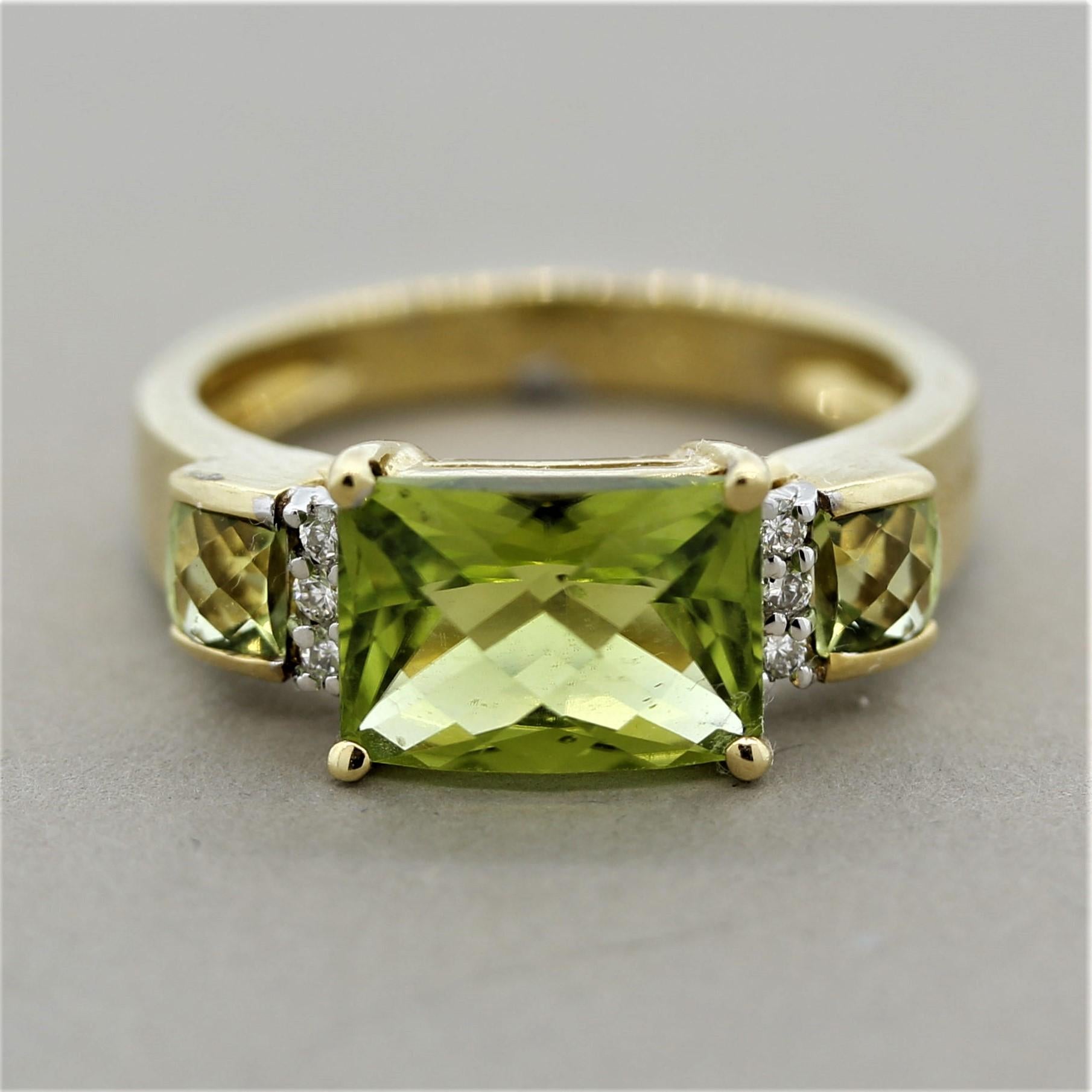 A simple yet chic ring featuring 4.60 carats of bright green peridot along with 0.10 carats of round brilliant cut diamonds. Made in 18k yellow gold and ready to be worn casually or dressed up for a night out.

Ring Size 7