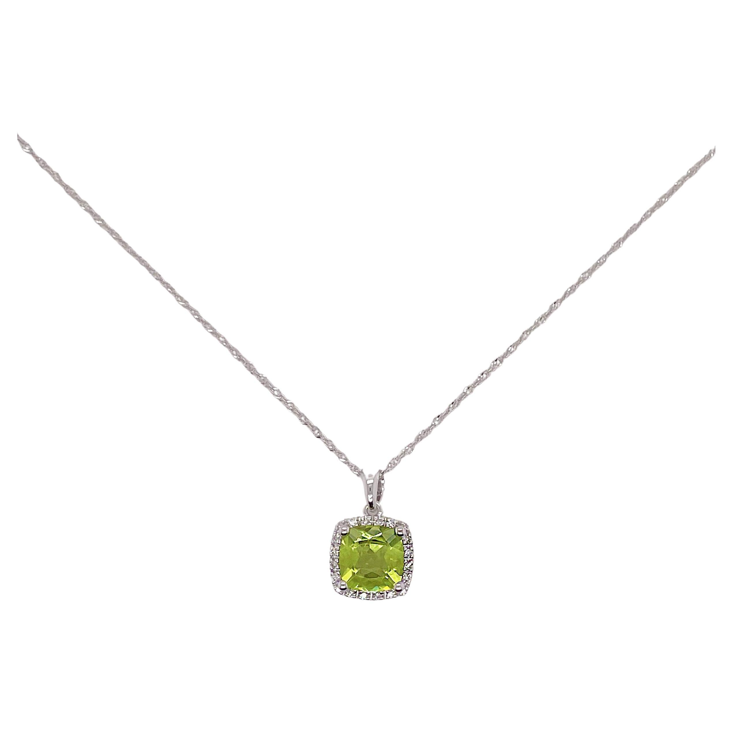 Peridot & Diamond Halo Pendant 14K White Gold Cushion August Birthstone  For Sale