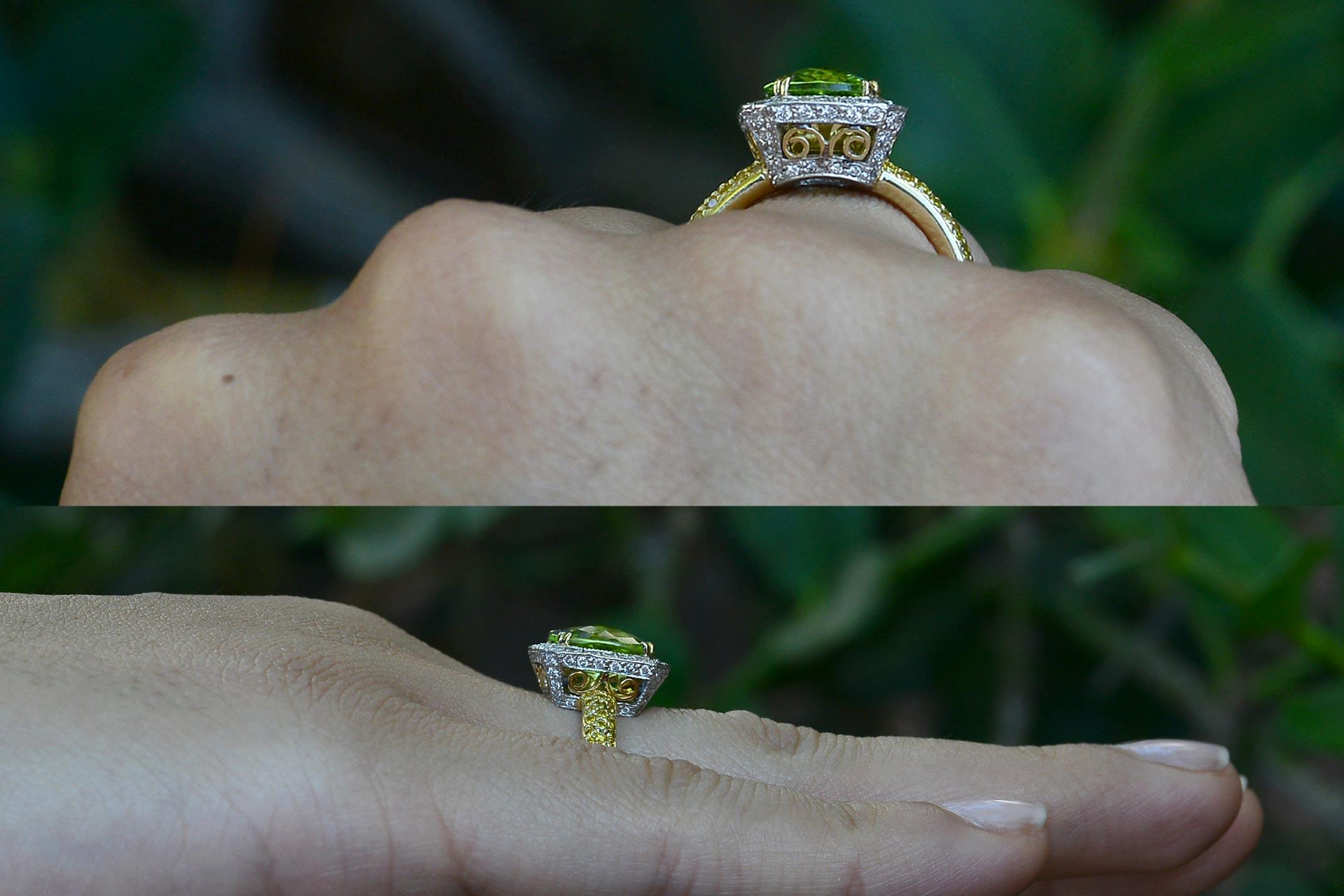 Etruscan Revival Peridot Diamond Halo Platinum 18 Karat Engagement Ring Cocktail
