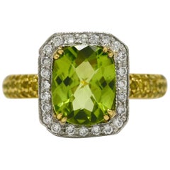 Vintage Peridot Diamond Halo Platinum 18 Karat Engagement Ring Cocktail