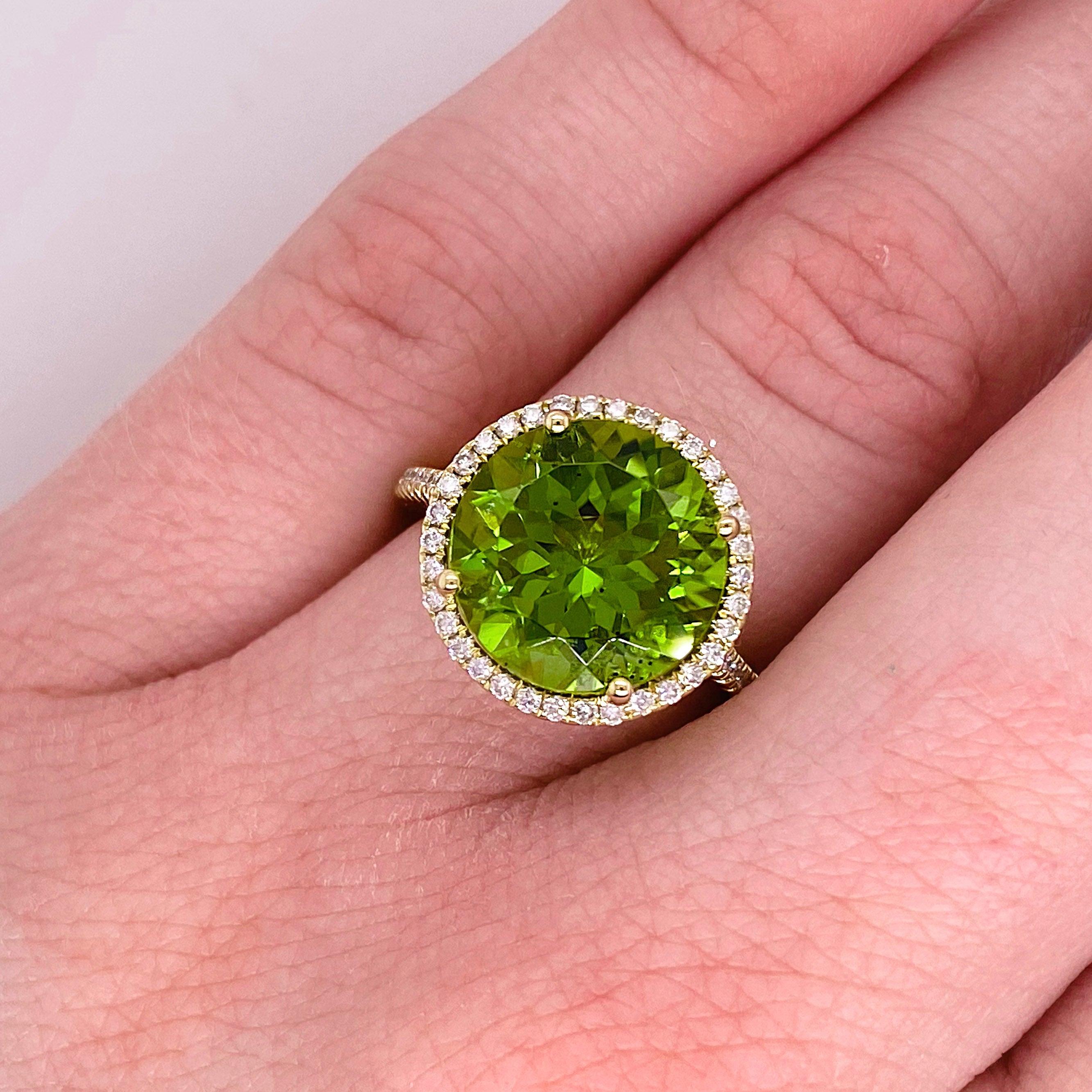 For Sale:  Peridot Diamond Halo Ring, 14k Yellow Gold Halo Cathedral Round 7.29 Ct Gem Ring 2