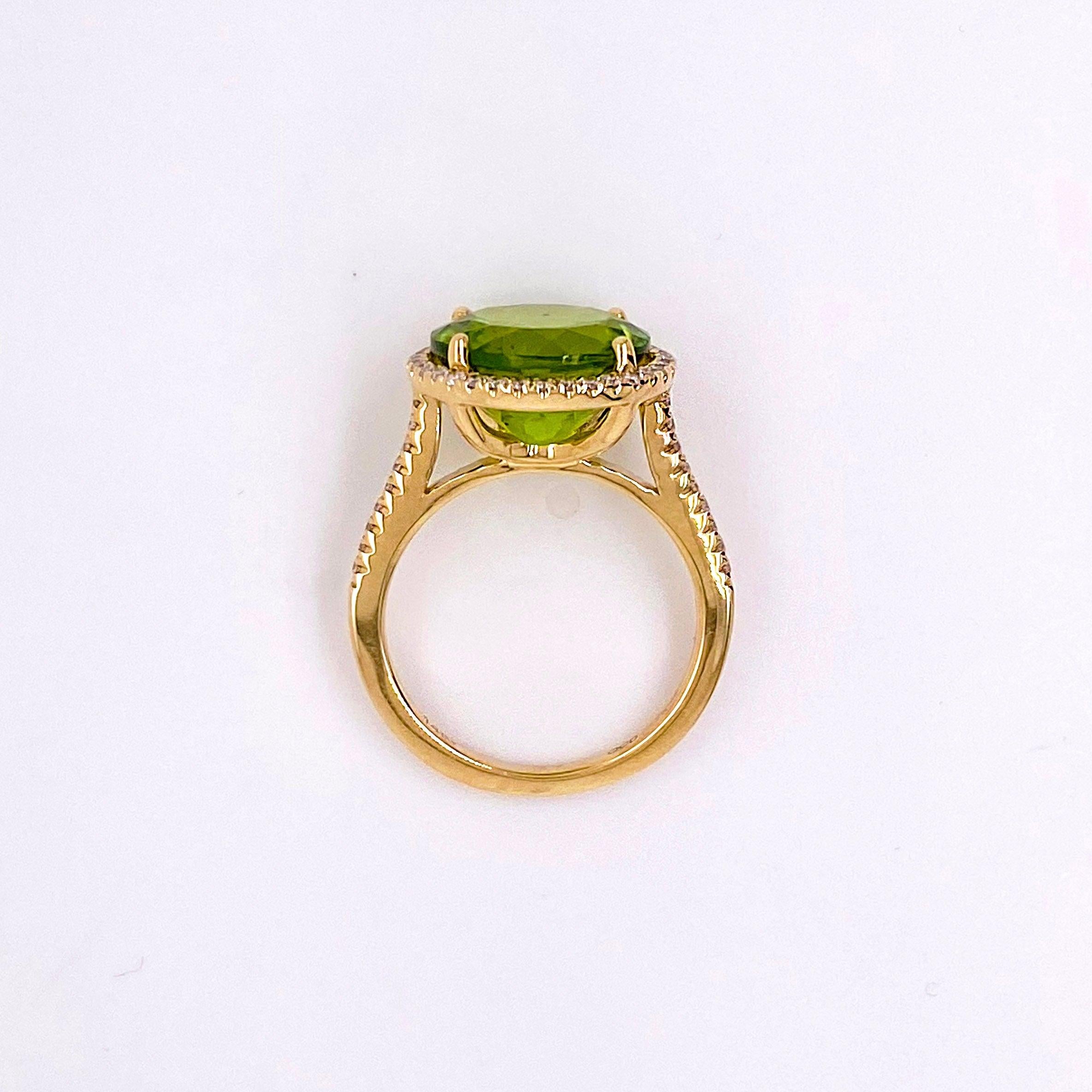 For Sale:  Peridot Diamond Halo Ring, 14k Yellow Gold Halo Cathedral Round 7.29 Ct Gem Ring 5