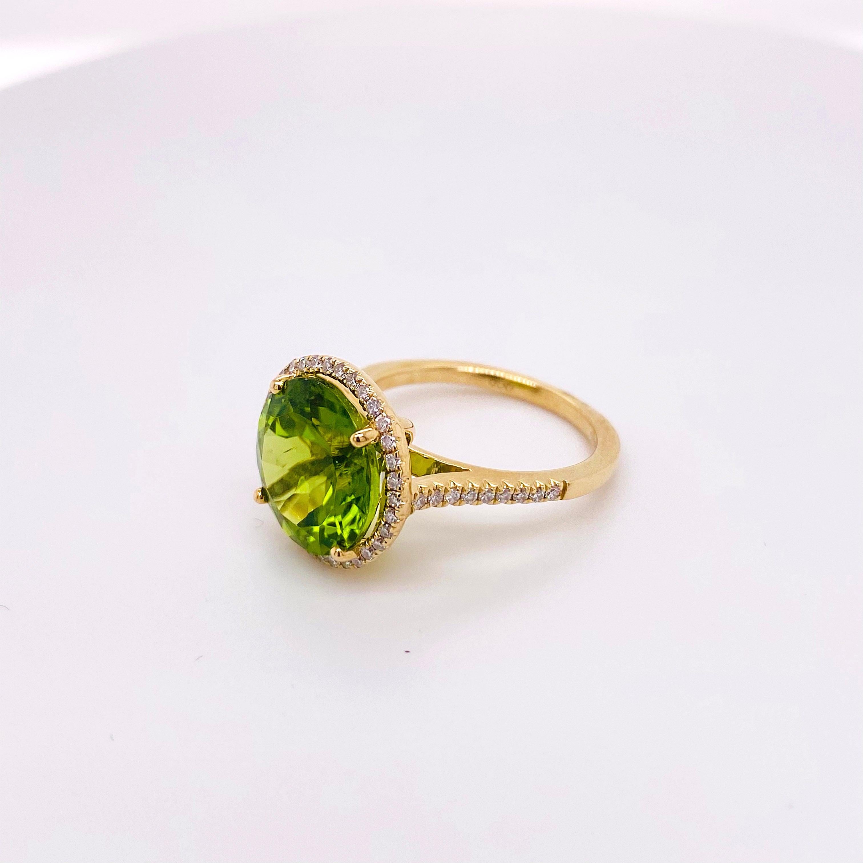 For Sale:  Peridot Diamond Halo Ring, 14k Yellow Gold Halo Cathedral Round 7.29 Ct Gem Ring 6