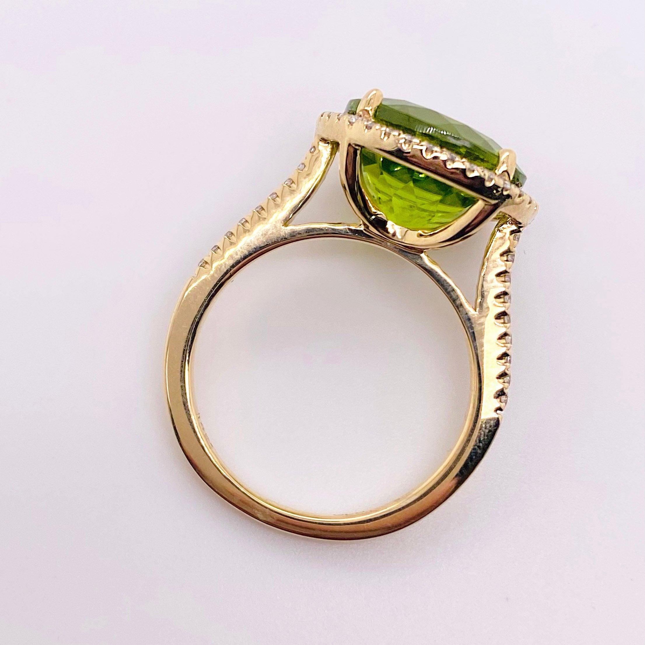 For Sale:  Peridot Diamond Halo Ring, 14k Yellow Gold Halo Cathedral Round 7.29 Ct Gem Ring 7