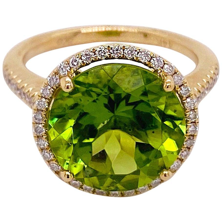 For Sale:  Peridot Diamond Halo Ring, 14k Yellow Gold Halo Cathedral Round 7.29 Ct Gem Ring