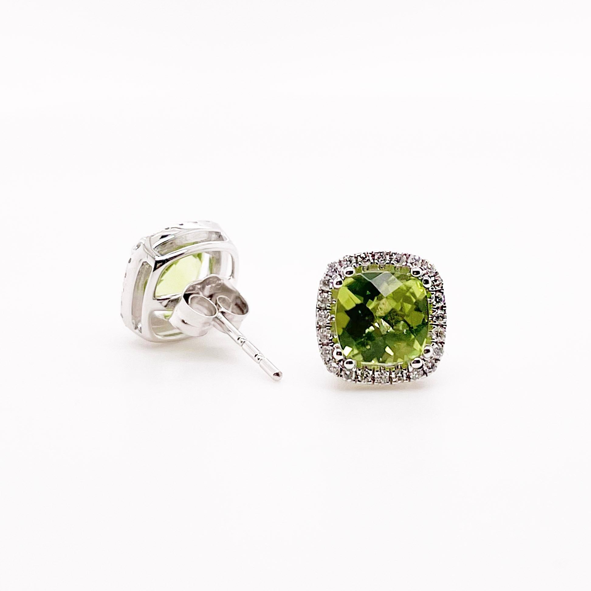 The perfect jewelry for any August celebration! These peridot and diamond halo earrings are made with genuine, natural peridot gemstones and diamonds. The earrings are solid 14k gold but lightweight and comfortable to wear! Do you have a birthday or