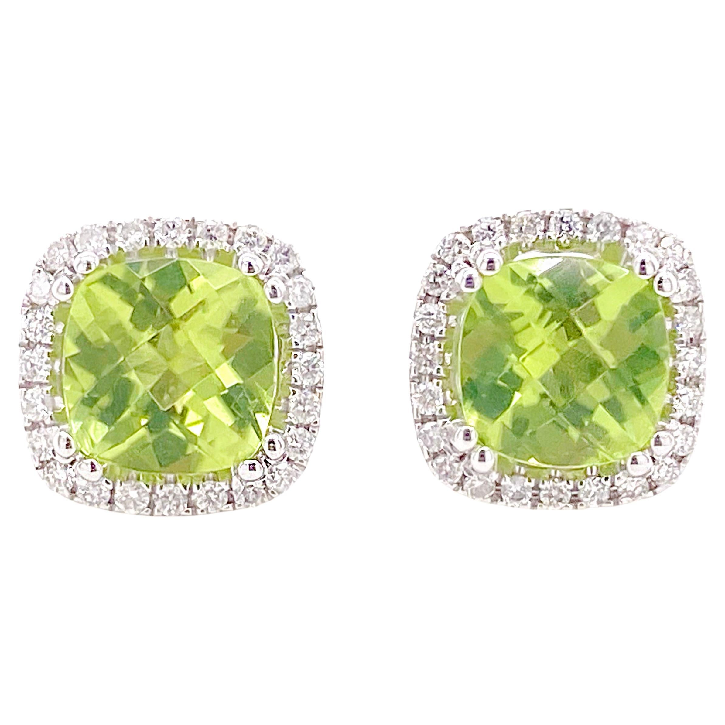 Peridot & Diamond Halo Stud Earrings 14K White Gold Cushion August Birthstone For Sale