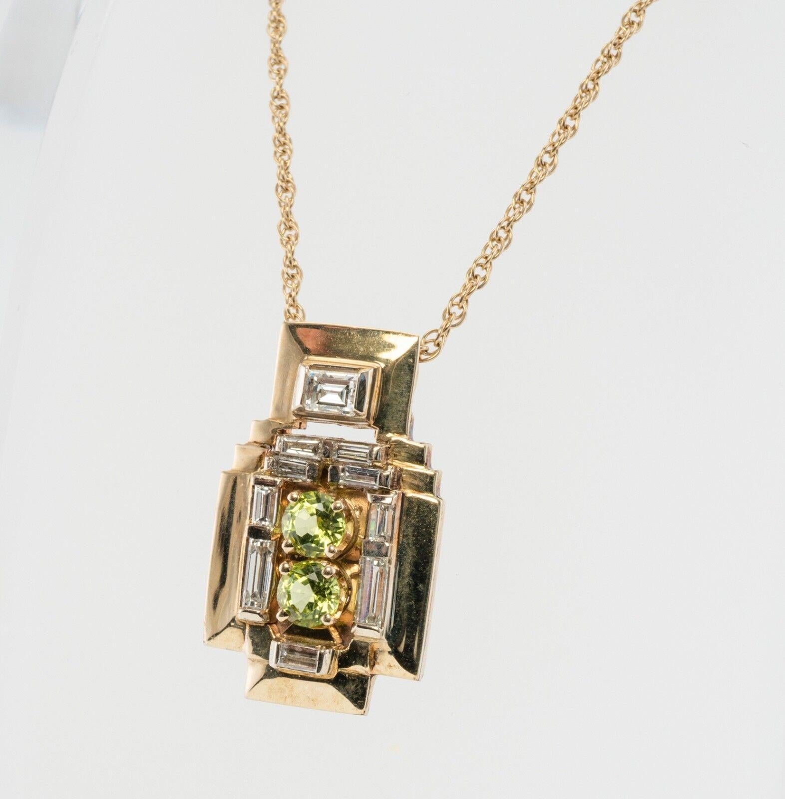 Peridot Diamond Pendant Necklace 14K Gold Vintage For Sale 4