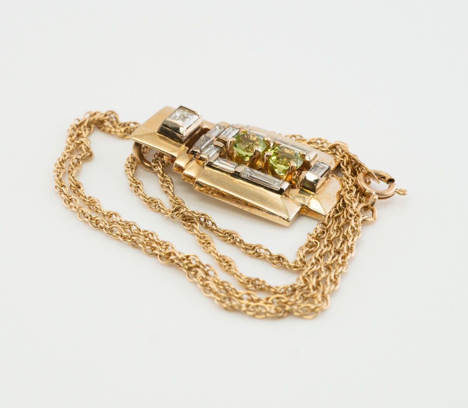 Peridot Diamond Pendant Necklace 14K Gold Vintage In Good Condition For Sale In East Brunswick, NJ