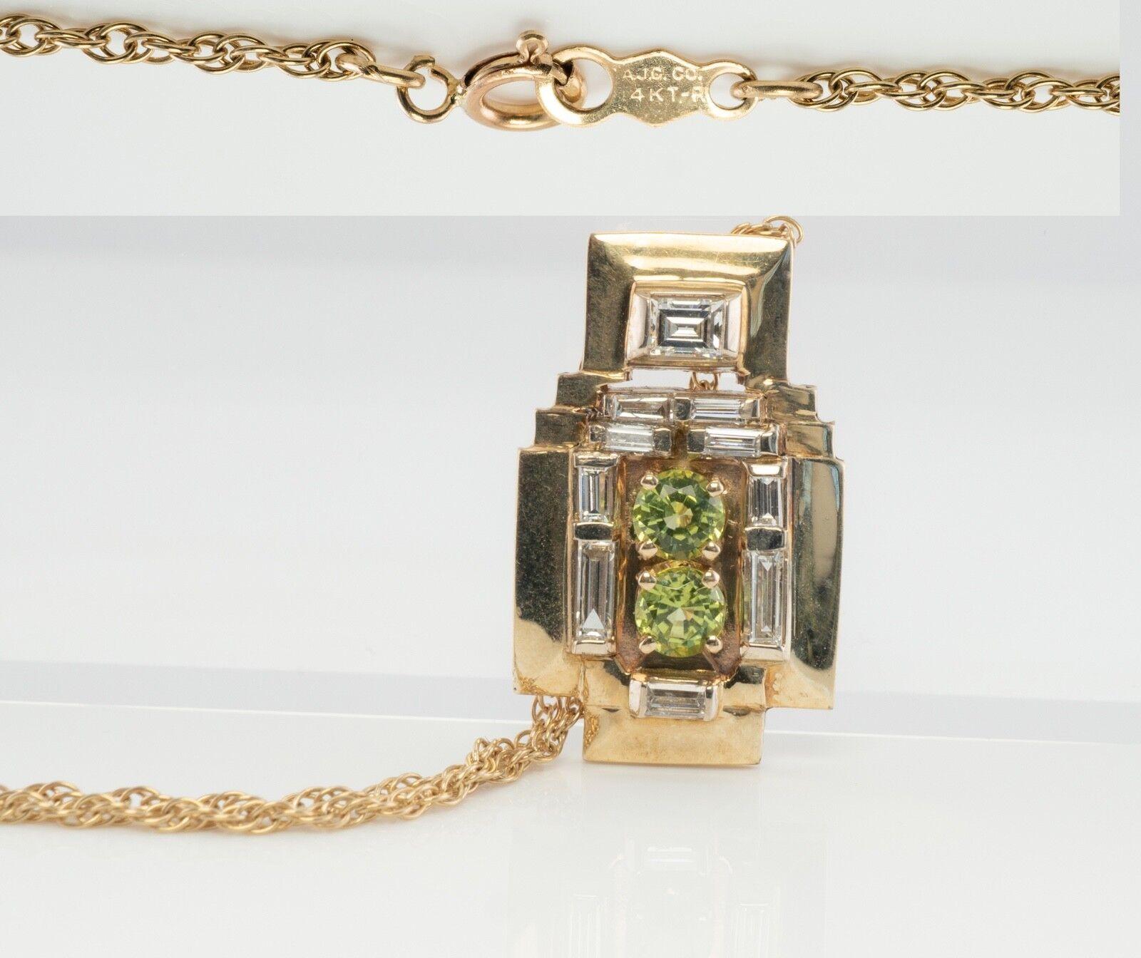 Women's Peridot Diamond Pendant Necklace 14K Gold Vintage For Sale