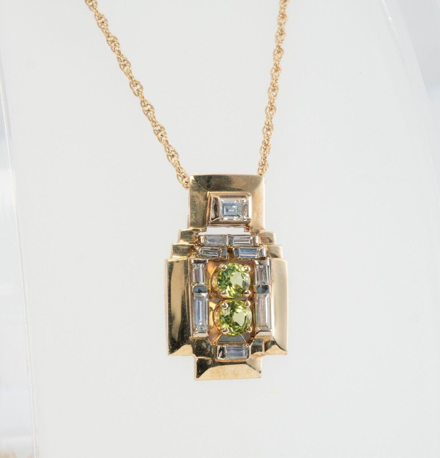 Peridot Diamond Pendant Necklace 14K Gold Vintage For Sale 2