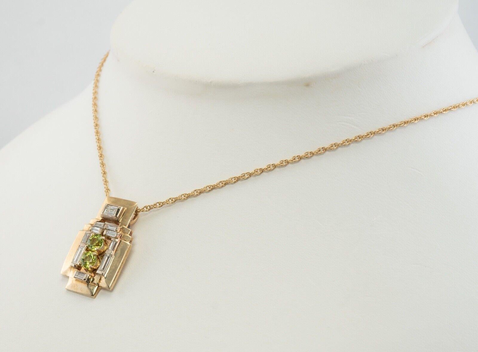 Peridot Diamond Pendant Necklace 14K Gold Vintage For Sale 3