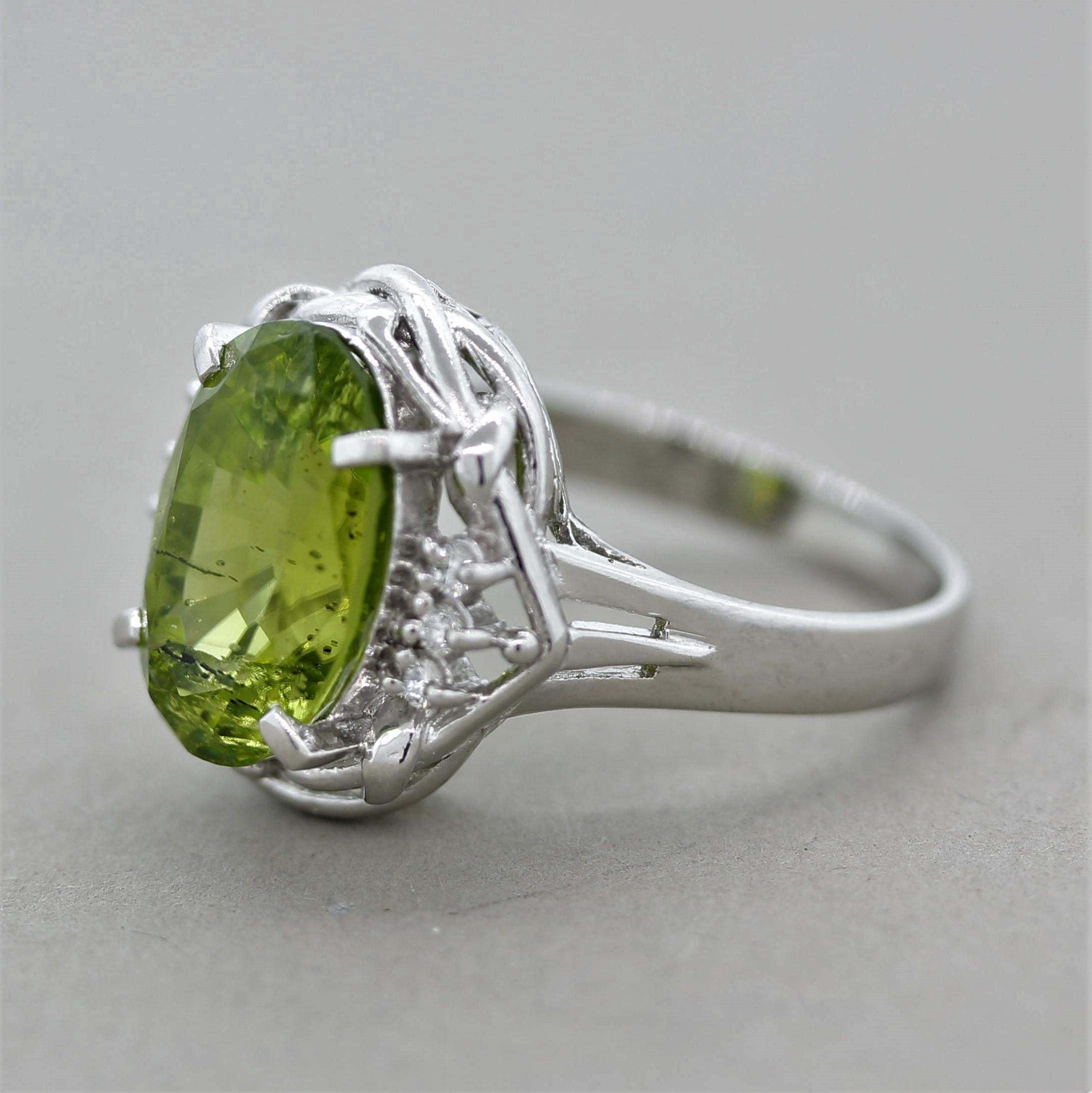Oval Cut Peridot Diamond Platinum Ring For Sale