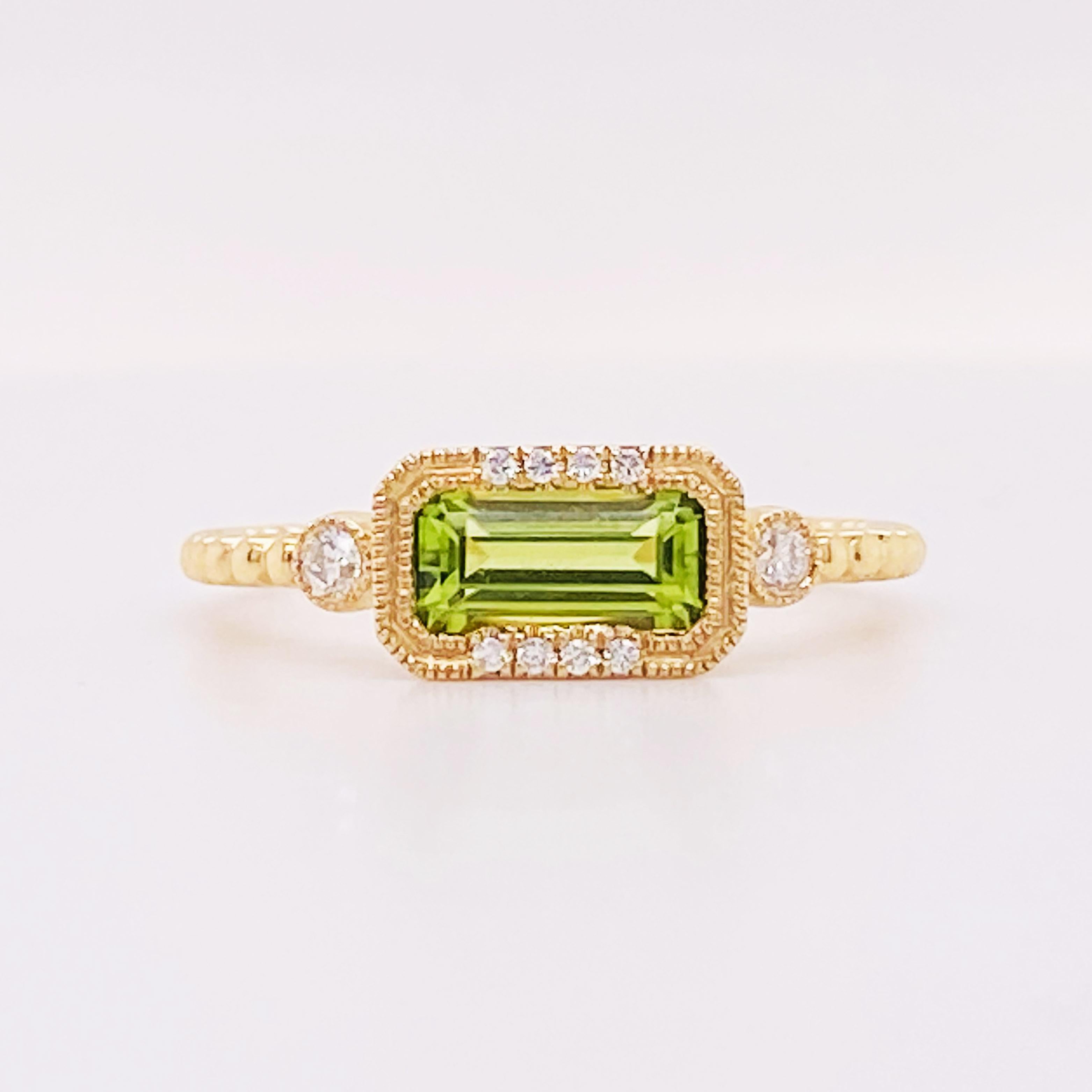 For Sale:  Peridot Diamond Ring August East to West 14K Gold Ring Sizable 4
