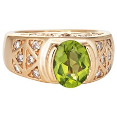 Peridot Diamond Ring Vintage 14 Karat Yellow Gold Estate Fine Jewelry
