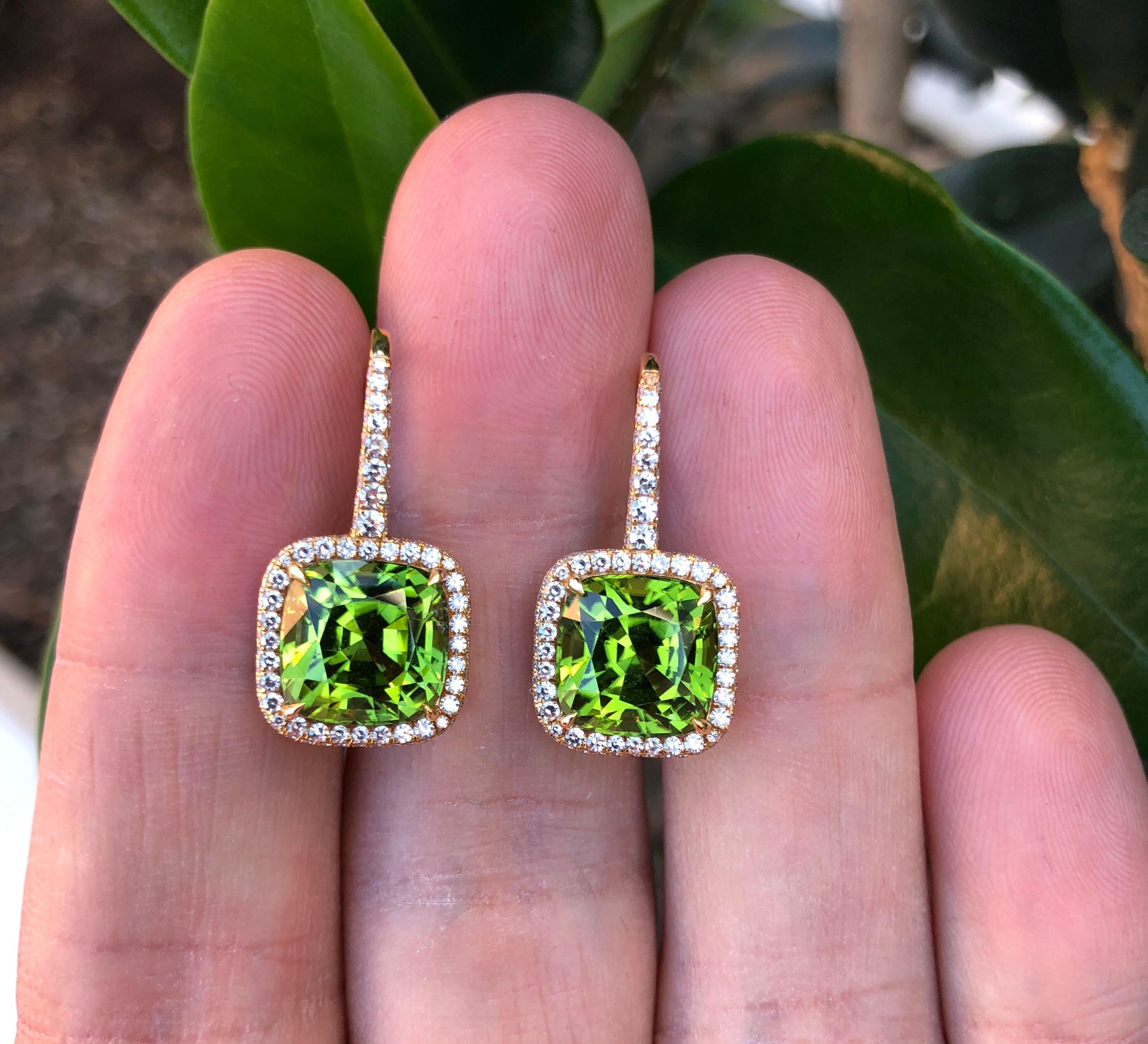 Modern Peridot Diamond Rose Gold Lever Back Earrings 9.46 Carat Tamir