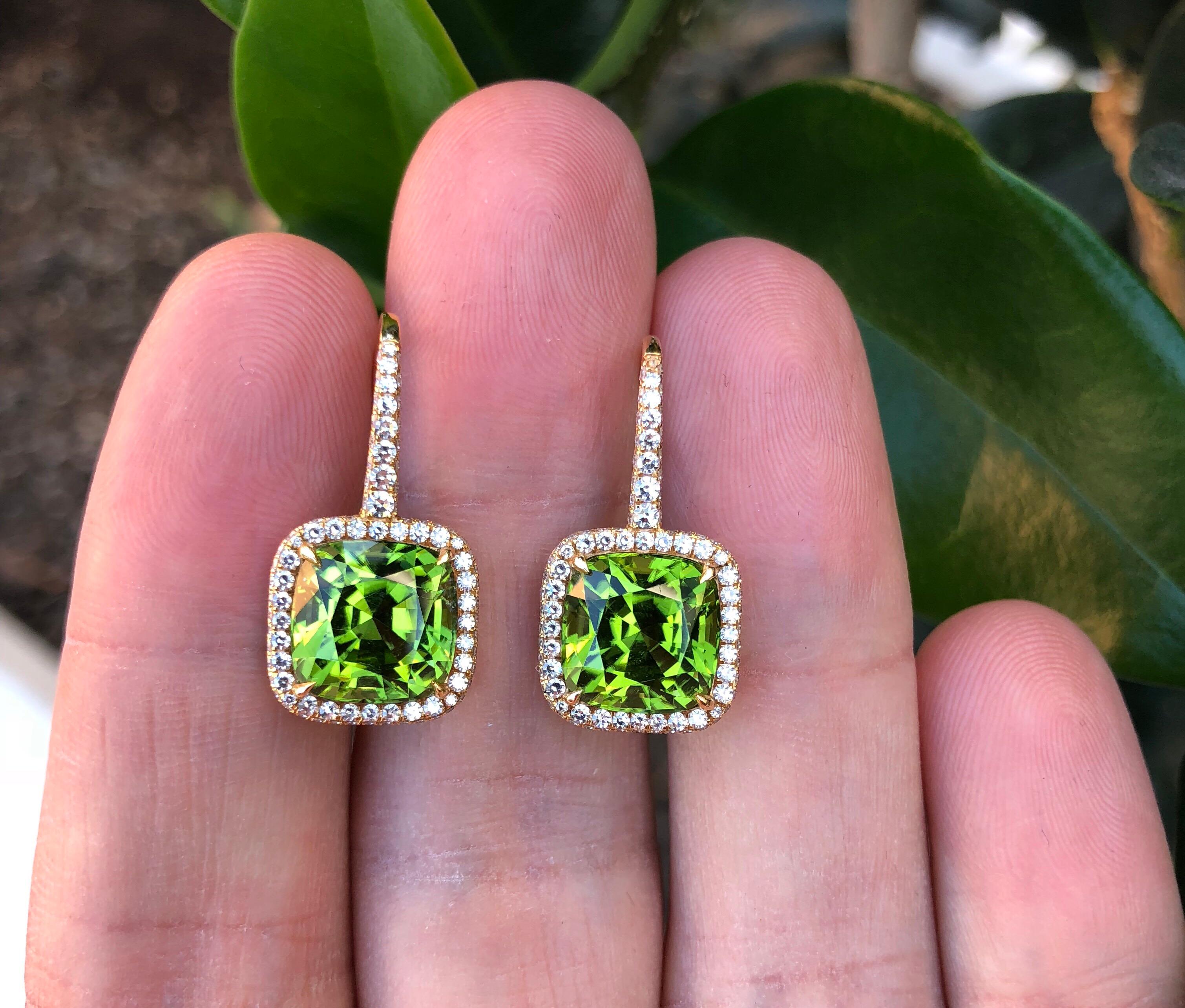 Cushion Cut Peridot Diamond Rose Gold Lever Back Earrings 9.46 Carat Tamir