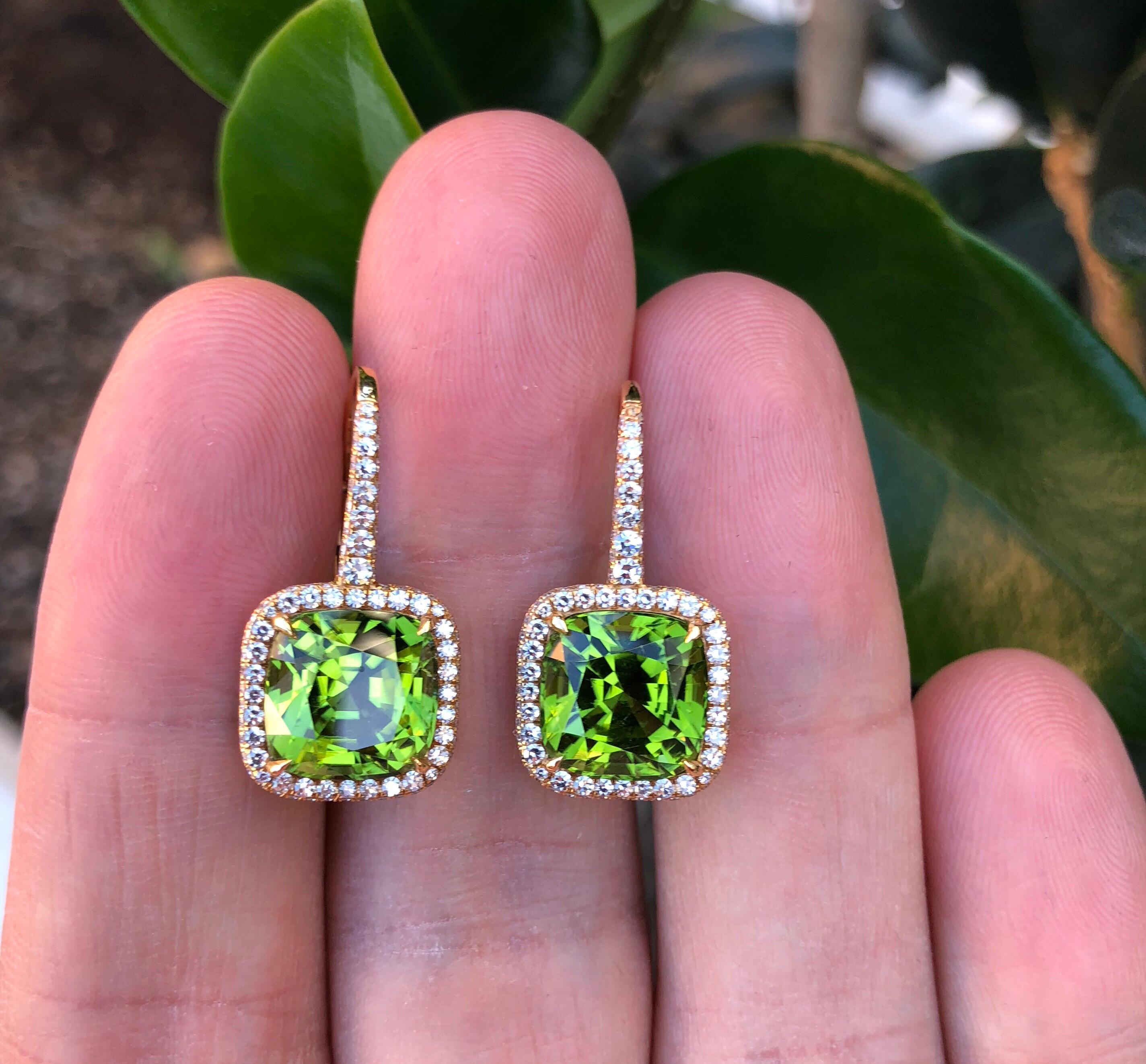Peridot Diamond Rose Gold Lever Back Earrings 9.46 Carat Tamir In New Condition In Beverly Hills, CA