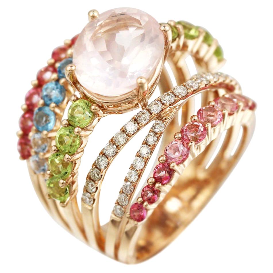Bague en or rose 14 carats avec péridots, diamants, quartz rose et topaze