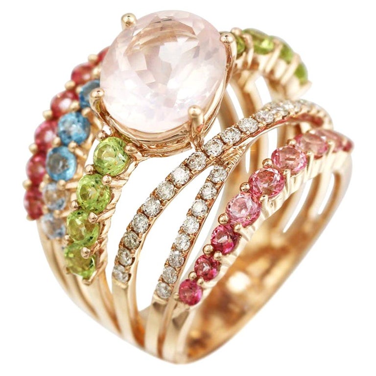 Peridot Diamond Rose Quartz Topaz Rose Gold 14 Karat Ring For Sale at