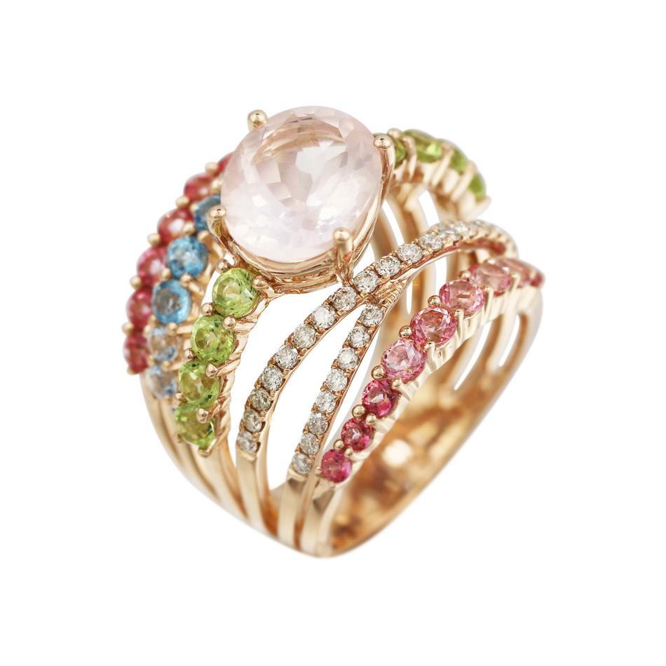 Moderne Boucles d'oreilles en or rose 14 carats avec péridots, diamants, quartz rose et topaze en vente